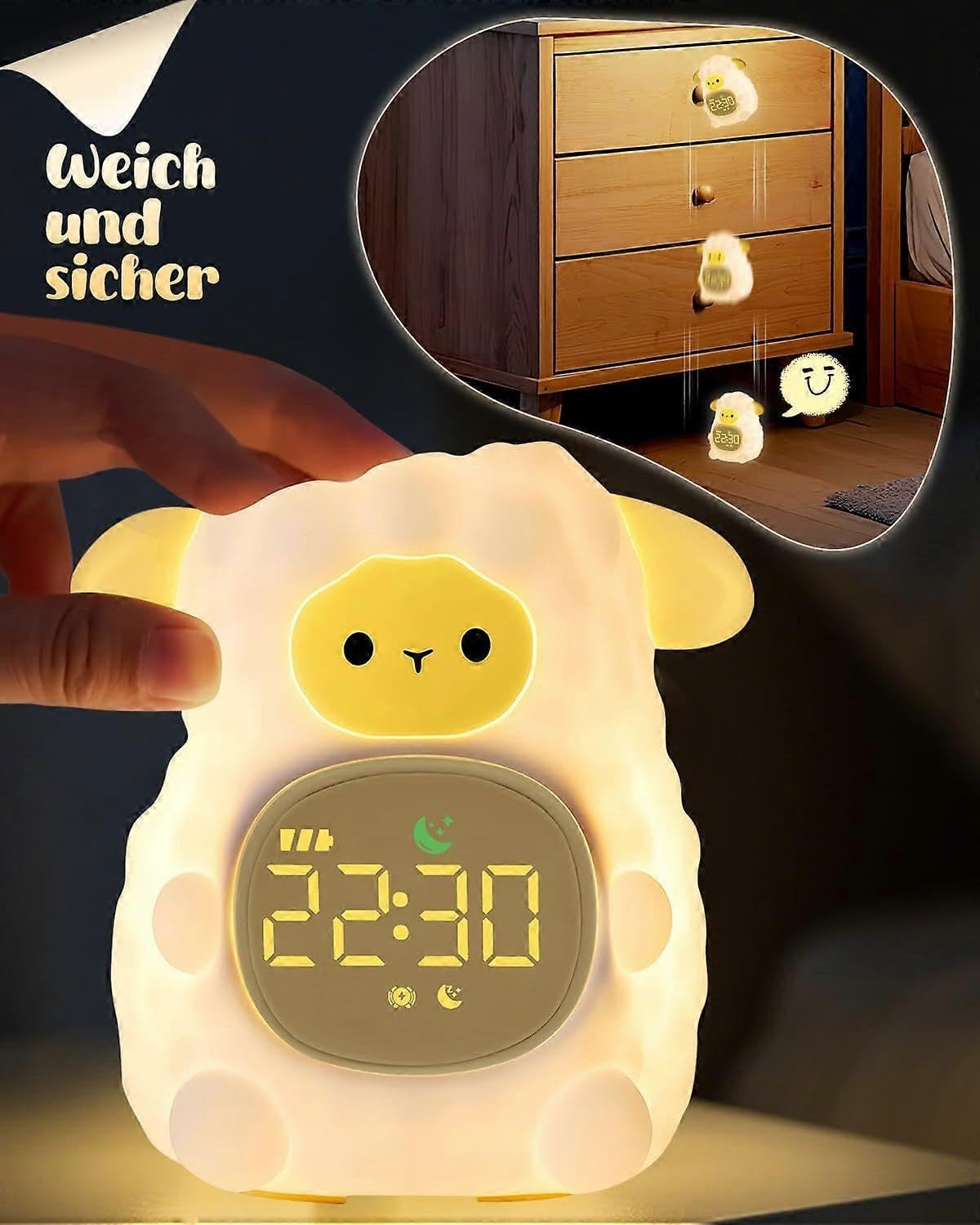 Wecker Schafe mit Nachtlicht für Kinder Wiederaufladbare Silikonlampe Niedliche Tier Schreibtischlampe Idealer Schlafbegleiter für Jungen und Mädchen
