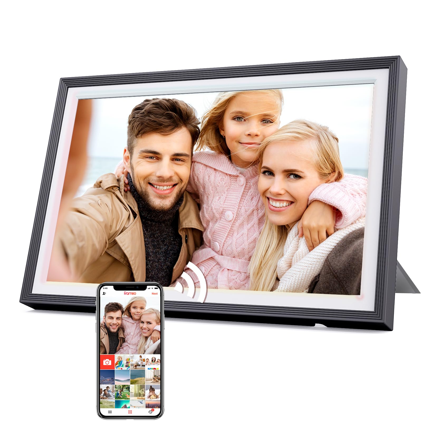 Cornice digitale 32 GB, 10,1 pollici, Wi-Fi, touchscreen, HD 1280x800 IPS, rotazione automatica, condividi le foto sempre e ovunque tramite l'app Frameo/Uhale, nero