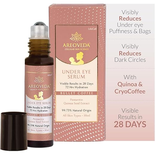 AreoVeda Roll-On Cryocoffee Under Eye Dark Circles Removal Gel Serum (10ML) With Pentavitin & Quinoa Seed Extract - Reduces Puffiness & Wrinkles I Visible Results In 28 Days, 72 Hrs Hydration I For Women & Men