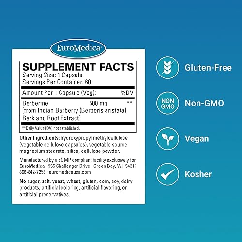Miniatura 2 de EuroMedica Berberina 500 mg - Suplemento de apoyo a la salud cerebral y hepática - Suplemento dietético con extracto de raíz de agracejo indio -