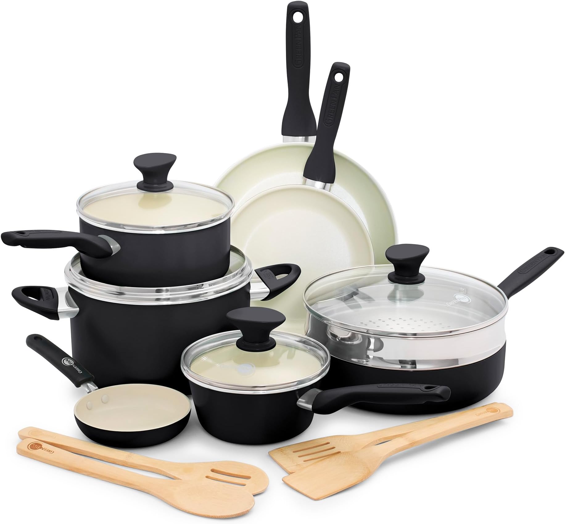 Rio 16 Piece Cookware Pots and Pans Set, Hard Anodized Healthy Ceramic Nonstick PFAS-Free, Bakelite Handles, Frypans, Saucepan, Saute Pan, Stock Pot, Kitchen Tools, Dishwasher Safe, Black
