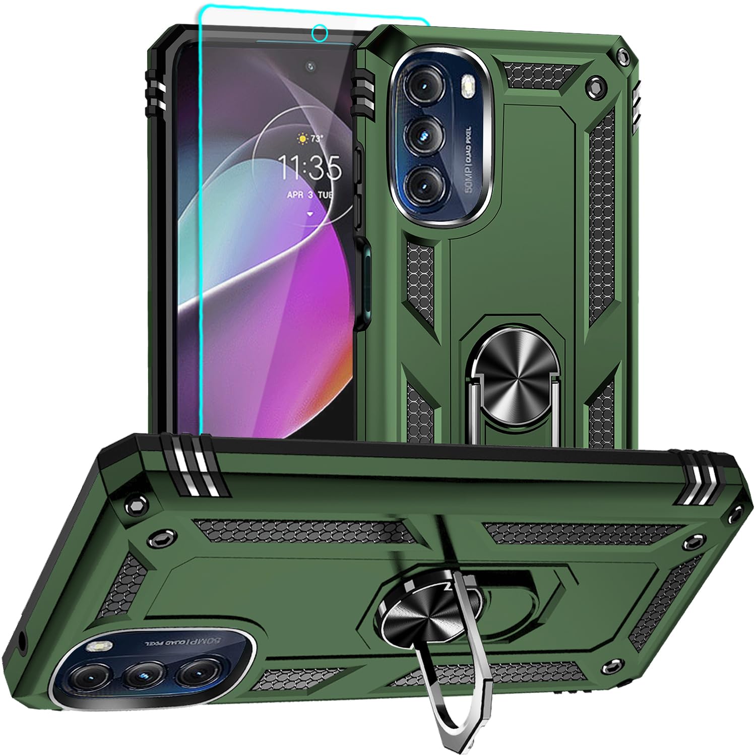 for Moto G 5G 2022 Case, Motorola Moto G 5G Case with HD Screen Protector, [Military Grade 16ft. Drop Tested] Ring Shockproof Protective Phone Case for Motorola G 5G 2022,Army Green