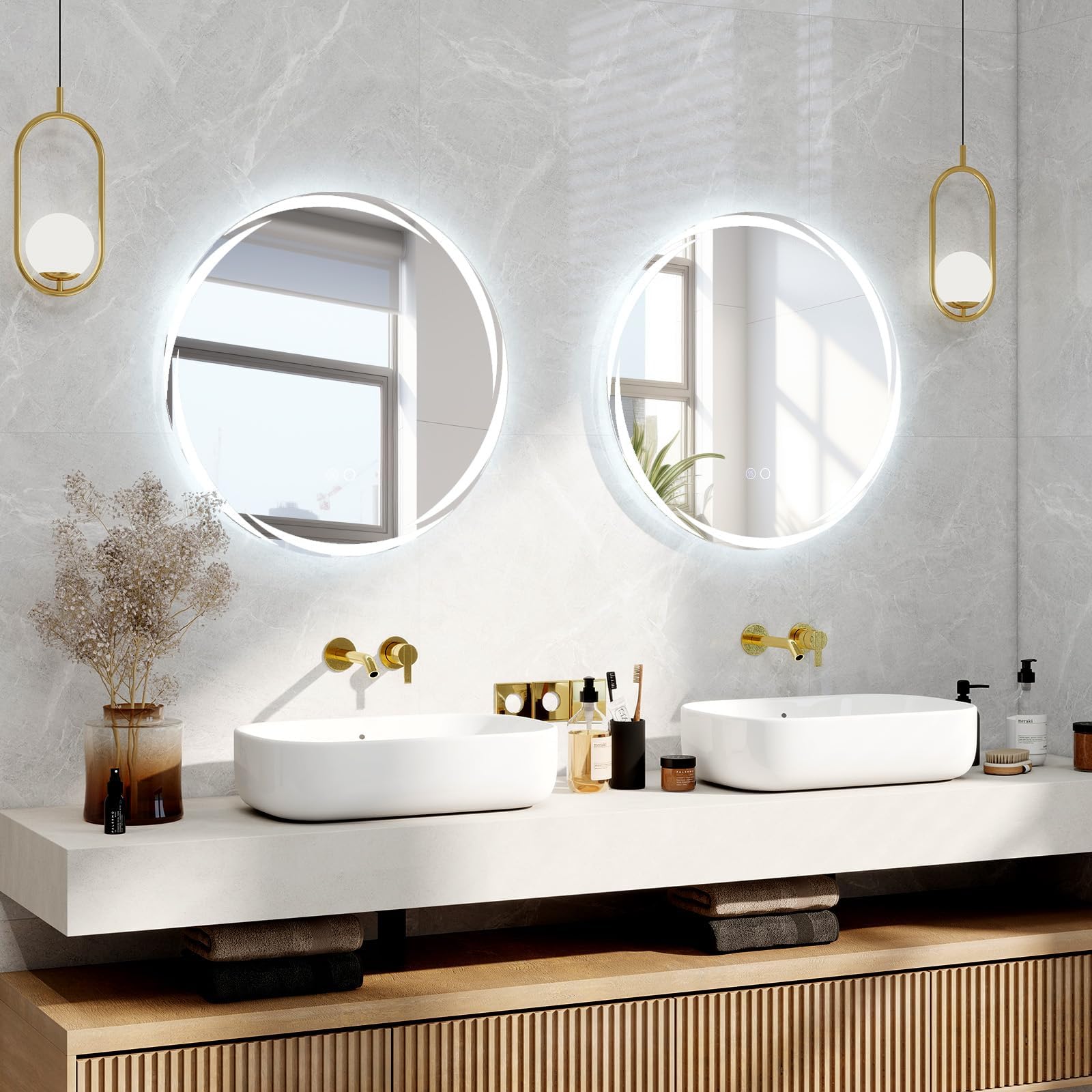 FANTASK Specchio da bagno a LED con illuminazione, 60 cm, rotondo, anti-appannamento, da parete, dimmerabile, con interruttore touch e funzione memoria, per bagno, ovale, 60 L x 60 B cm