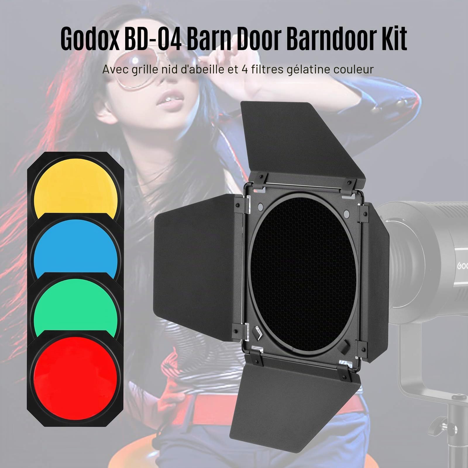 Godox BD-04 Barn Door Barndoor Kit avec grille en nid d'abeille 4 filtres en gel de couleur pour réflecteur standard de 7 pouces de rechange pour GODOX SL60W SL150II SK400II Studio Light Portrait