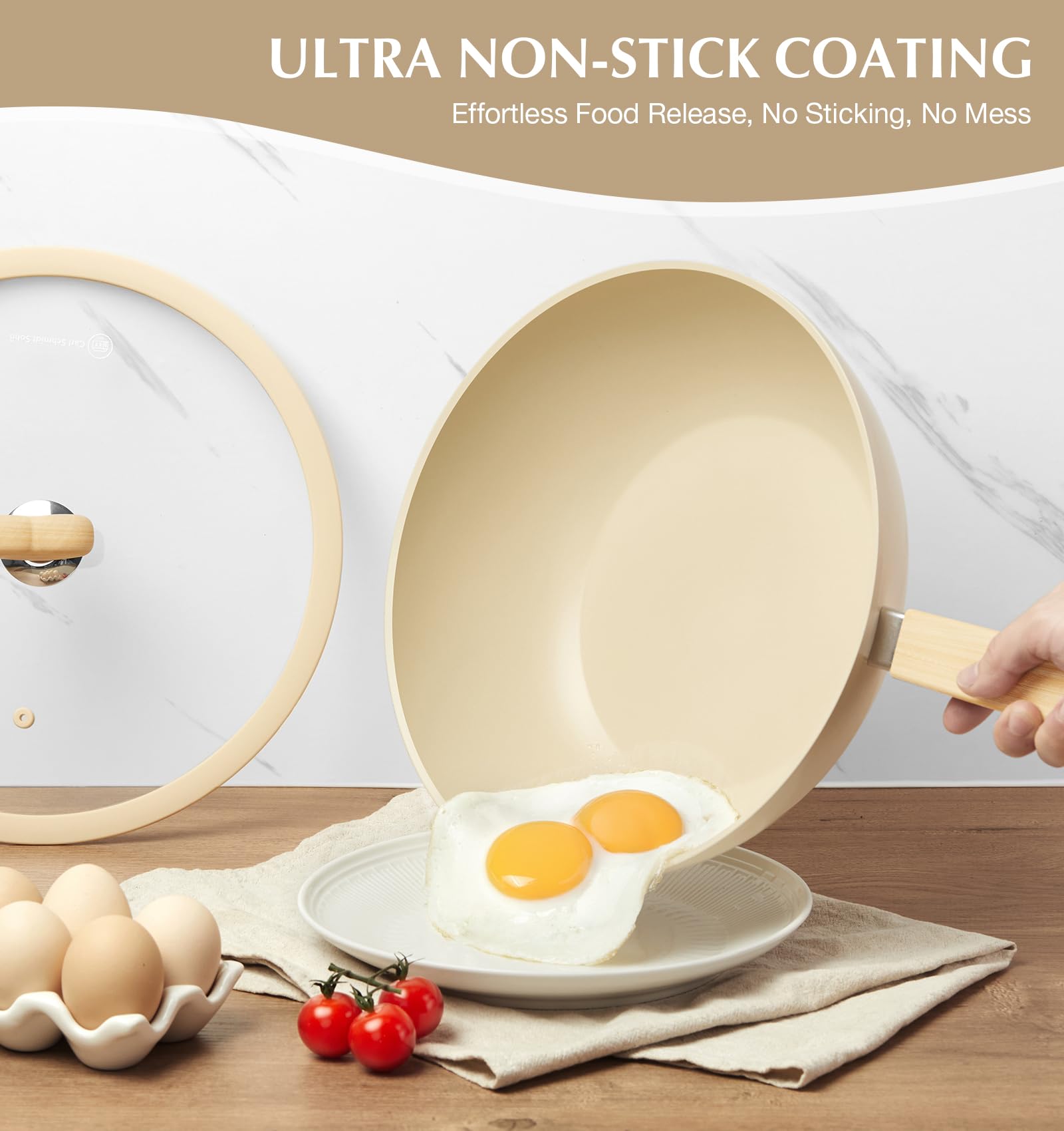 Wok with Lid, 5 Quart Wok Pan with Nonstick Cream Interior, Nonstick Wok with Cool-touch Heart-shaped Handles, Flat Bottom Woks with Lid, Deep Pan Induction Compatible, Cream Woks - 11 Inch