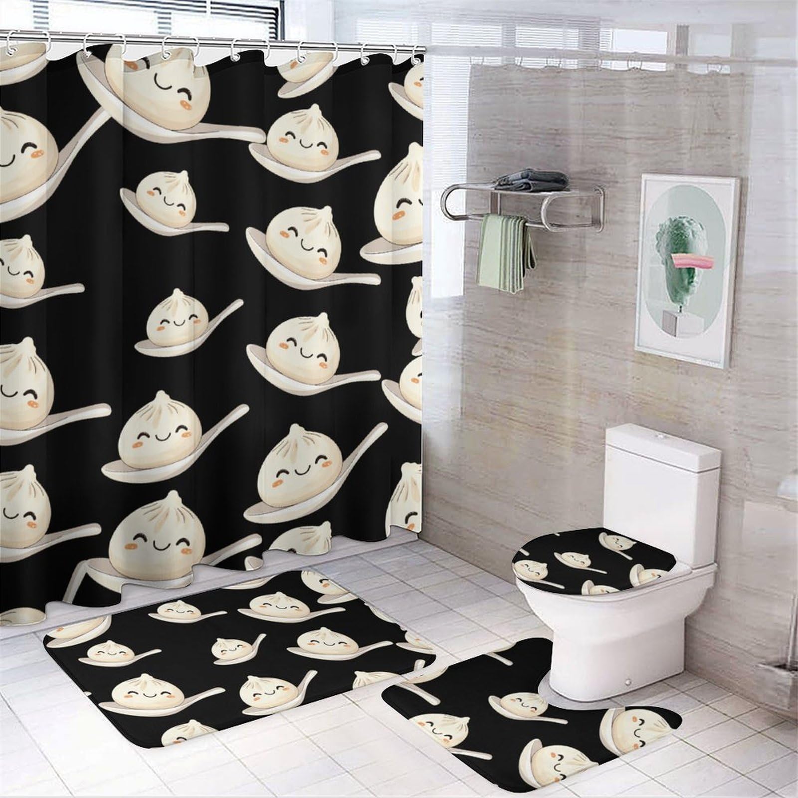 CGSBNGHA Xiaolongbao Chinese Dim Sum Bun Shower Curtain Set 4 Piece Bathroom Sets with Rugs Toilet Lid Cover And U-Shaped Floor Mat