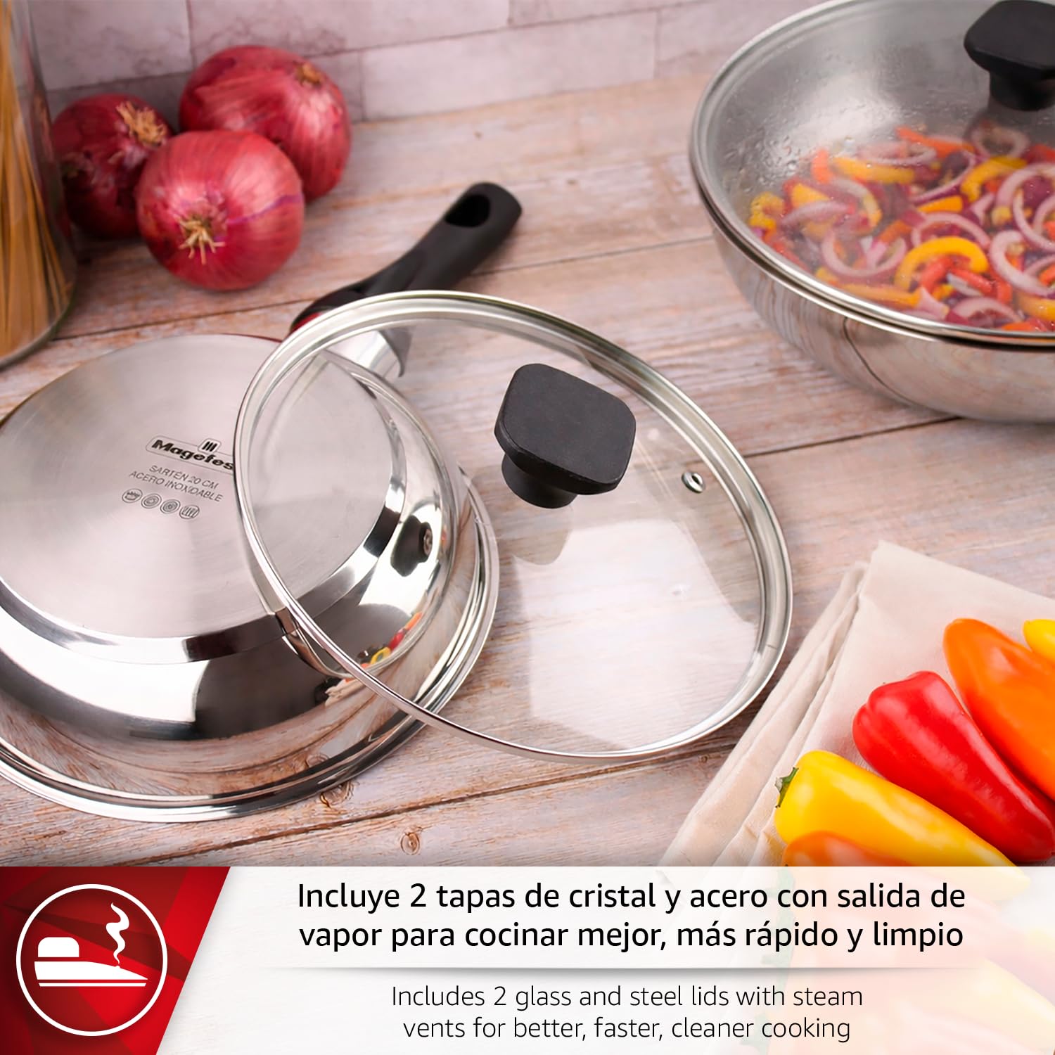 Magefesa Sante - Juego de Sartenes 20 + 26 cm + 2 Tapas de Cristal Termo Resistente, Acero Inoxidable, Sin Antiadherente, Compatible con Inducción — view 5