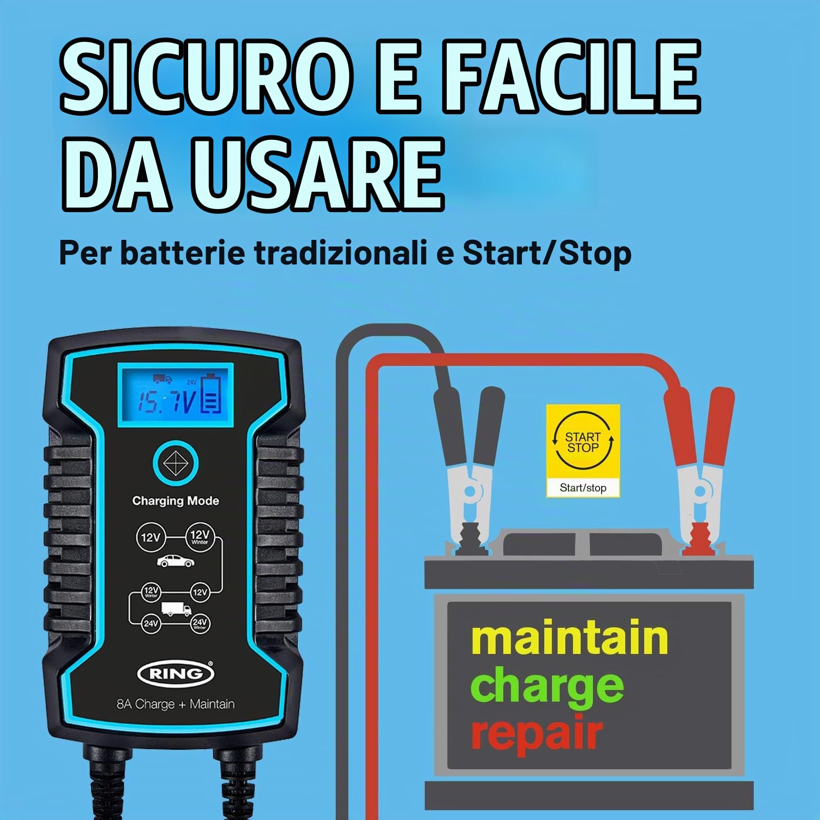 Ring Caricabatterie Intelligente 8A e mantenitore – Compatibile con Veicoli di Grandi Dimensioni: Si collega Rapidamente con Morsetti o terminali O-Ring Inclusi