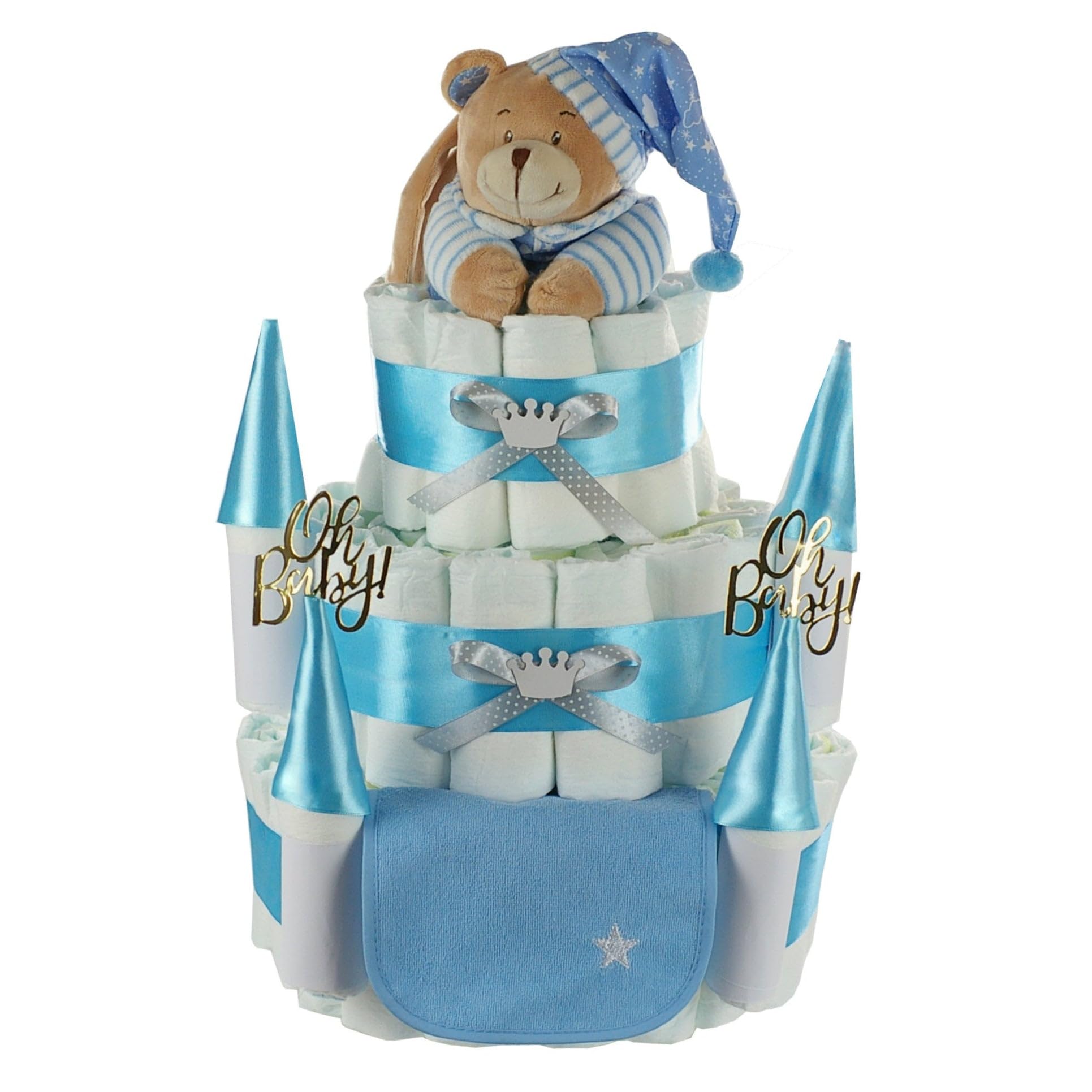 Große Windeltorte Windelschloss | personalisierbar mit Name | Baby Spieluhr Teddybär, Lätzchen mit Name | Prinzen-Edition blau, 3-stöckig
