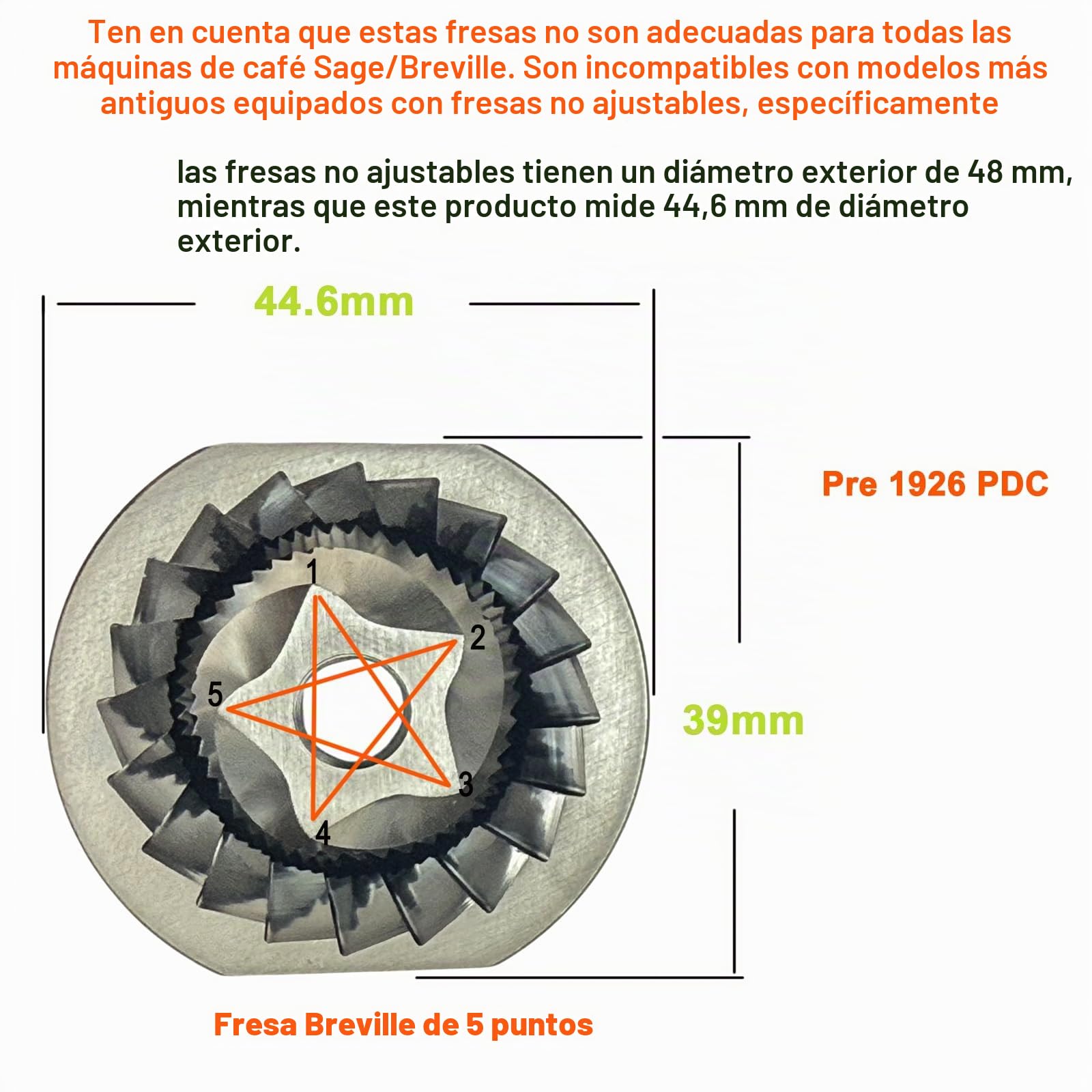 Juego de fresas cónicas de repuesto compatible con máquinas de café Breville Espresso Molinillo de café (Pre 1926 PDC)
