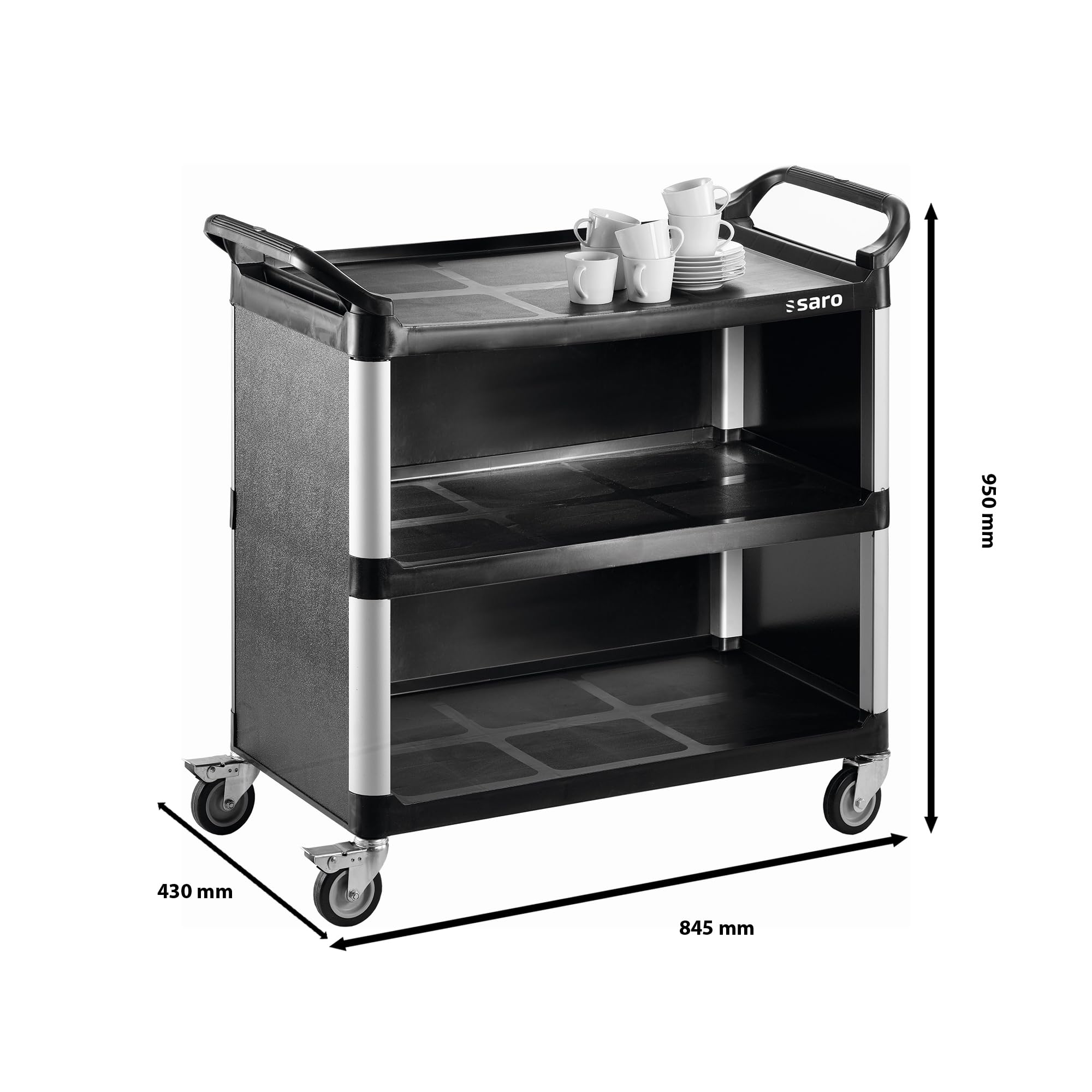 SARO ZOKA 1 - Carrello portavivande, in plastica/metallo leggero, con 3 ripiani, portata da 100 kg, 4 ruote (2 con freno), da 845 x 430 x 950 mm
