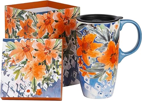 Miniatura 7 de Topadorn Taza de café de cerámica para regalo con tapa de 17 onzas, taza de té alta de porcelana con asa para el hogar y la oficina, taza con diseño