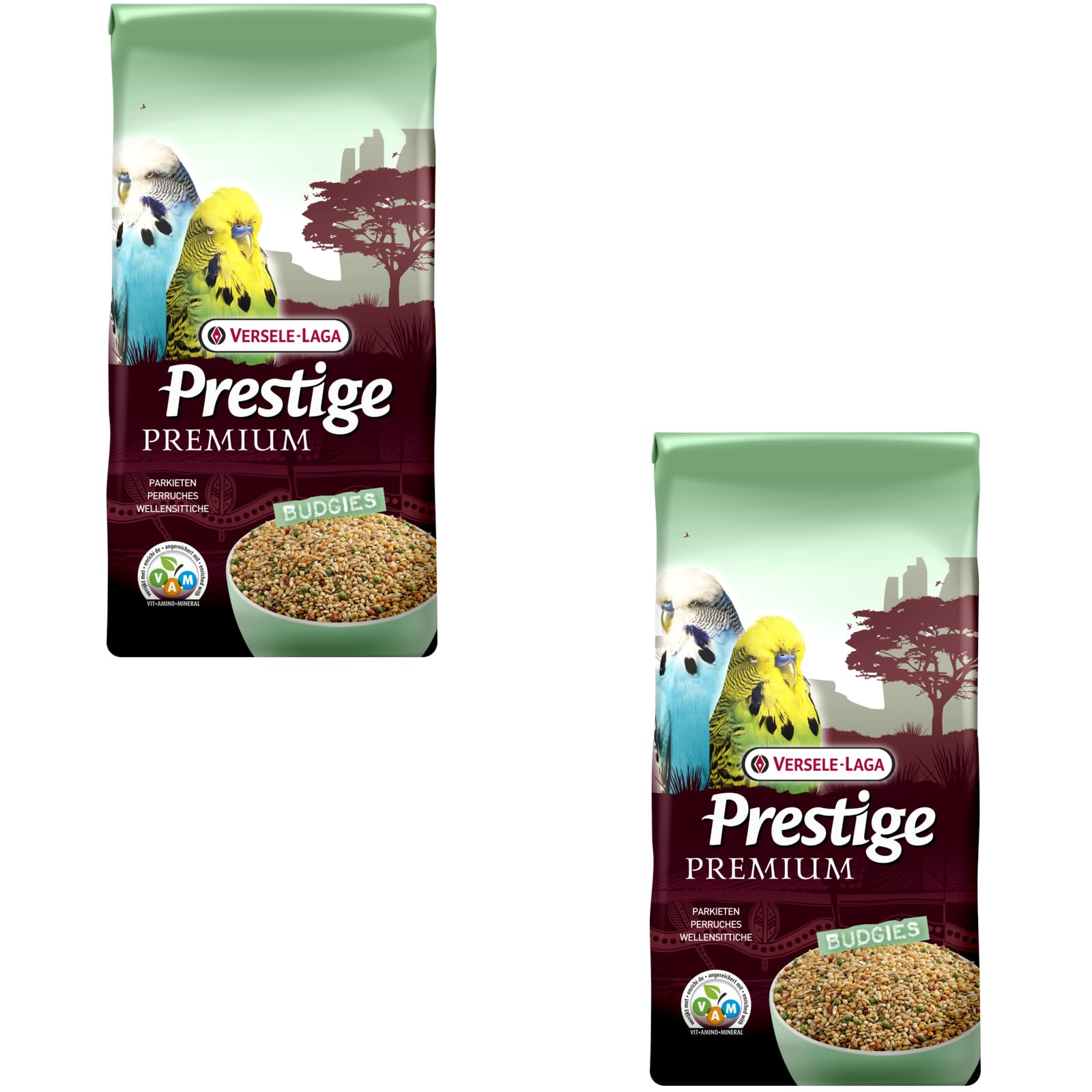 Versele-Laga Prestige Premium BUDGIES | Confezione Doppia | 2 x 800 g | Miscela di semi arricchita con granuli estrusi VAM - Cocorite | Può essere utilizzato come alimento di base