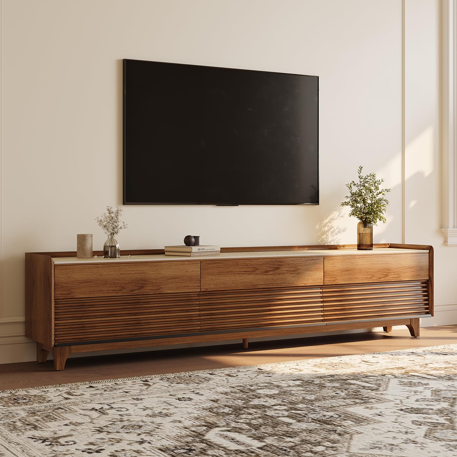 POVISON Fully-Assembled Mid Century Matte Sintered Stone TV Stand with Legs, 94.49" Wood Media Console with Adjustable LED Light, Entertainment Center with Storage for Living Room