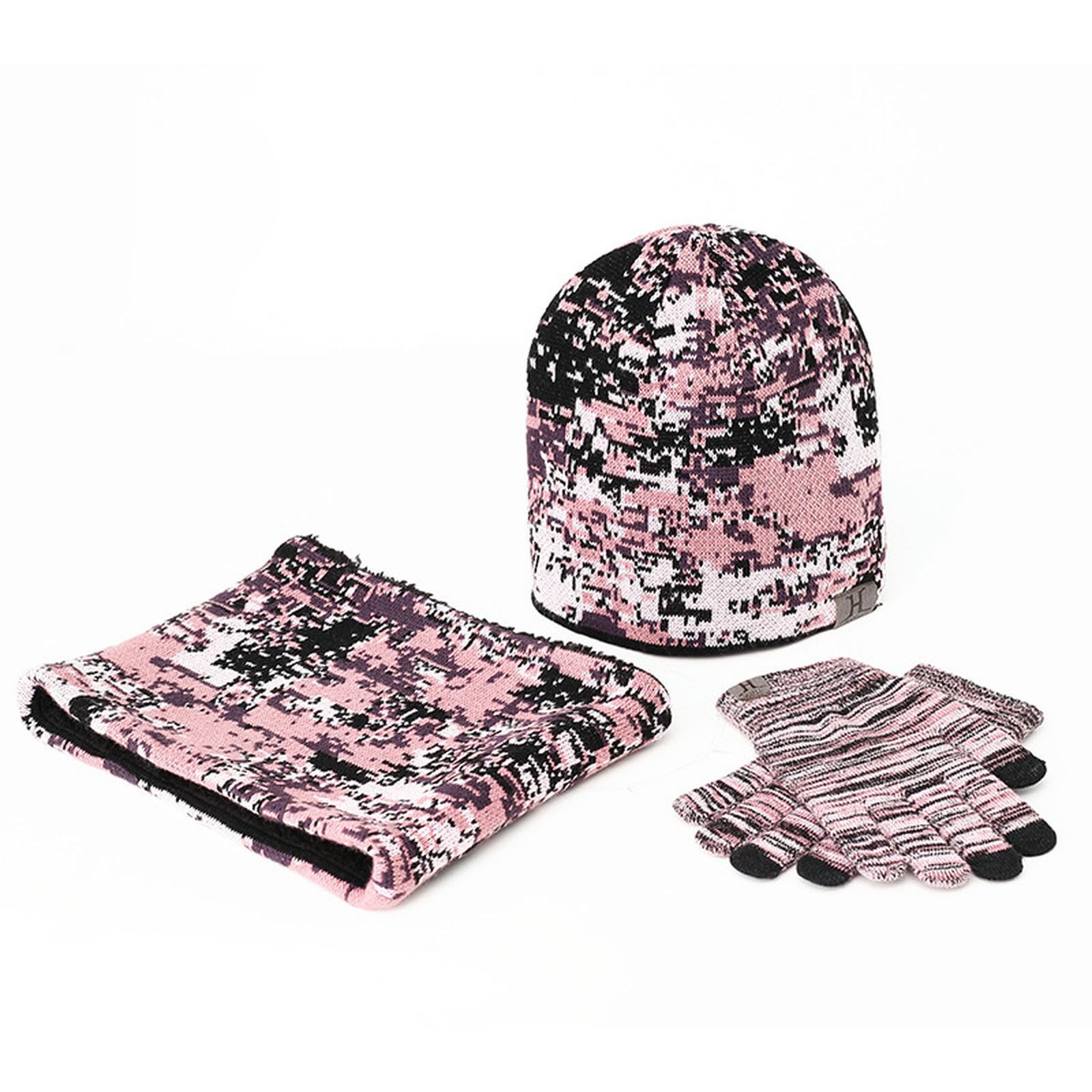 Conjunto de gorro, bufanda y guantes de terciopelo rosa con acabados premium de punto