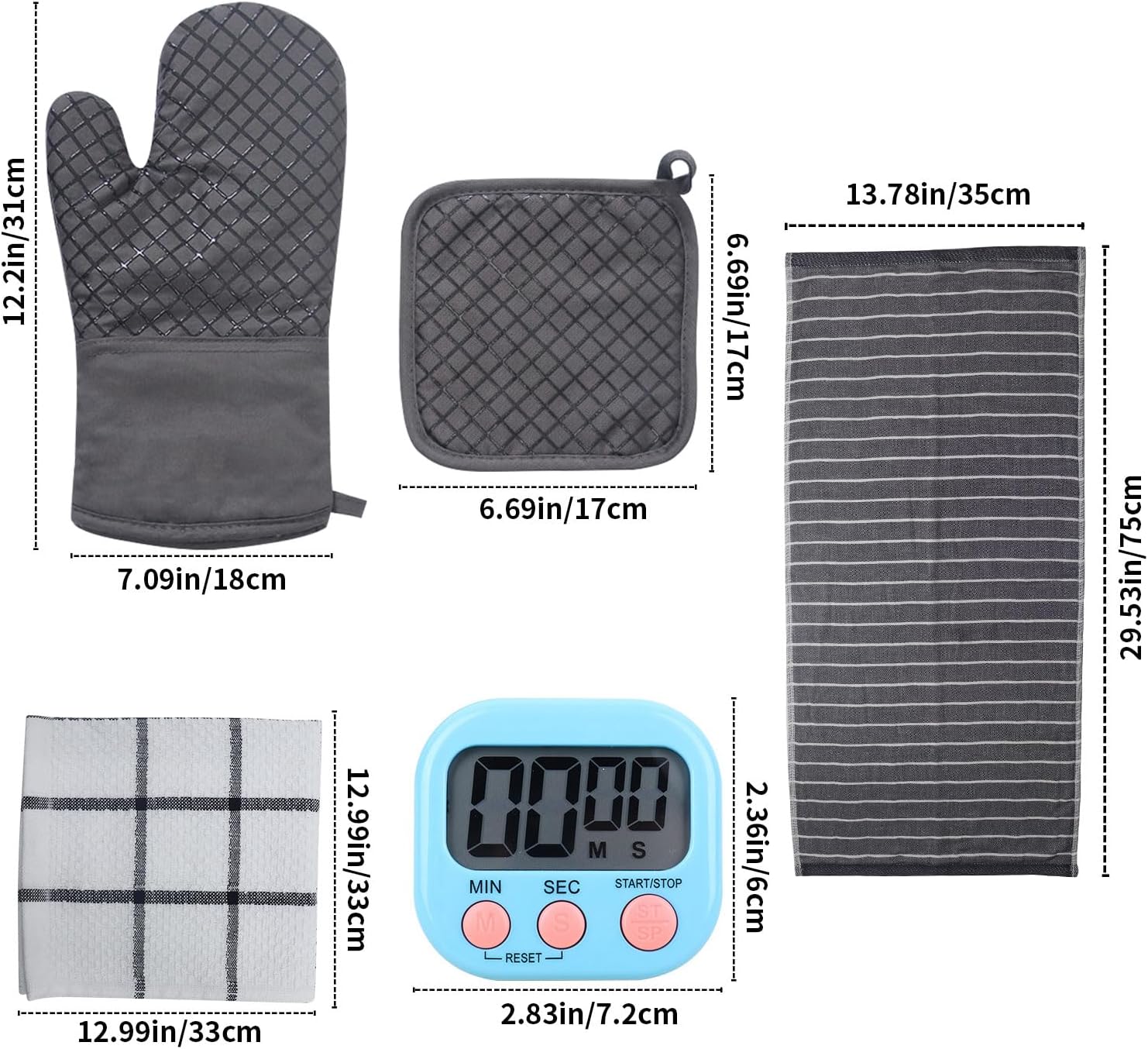 7 PCS Silicone Oven Mitts and Pot Holders Sets Pot Holders and Oven Mitts Heat Resistant Hot Pads Oven Gloves Potholders, with Non-Slip Silicone Stripes, Kitchen Towel Set, Digital Timer - Image 2