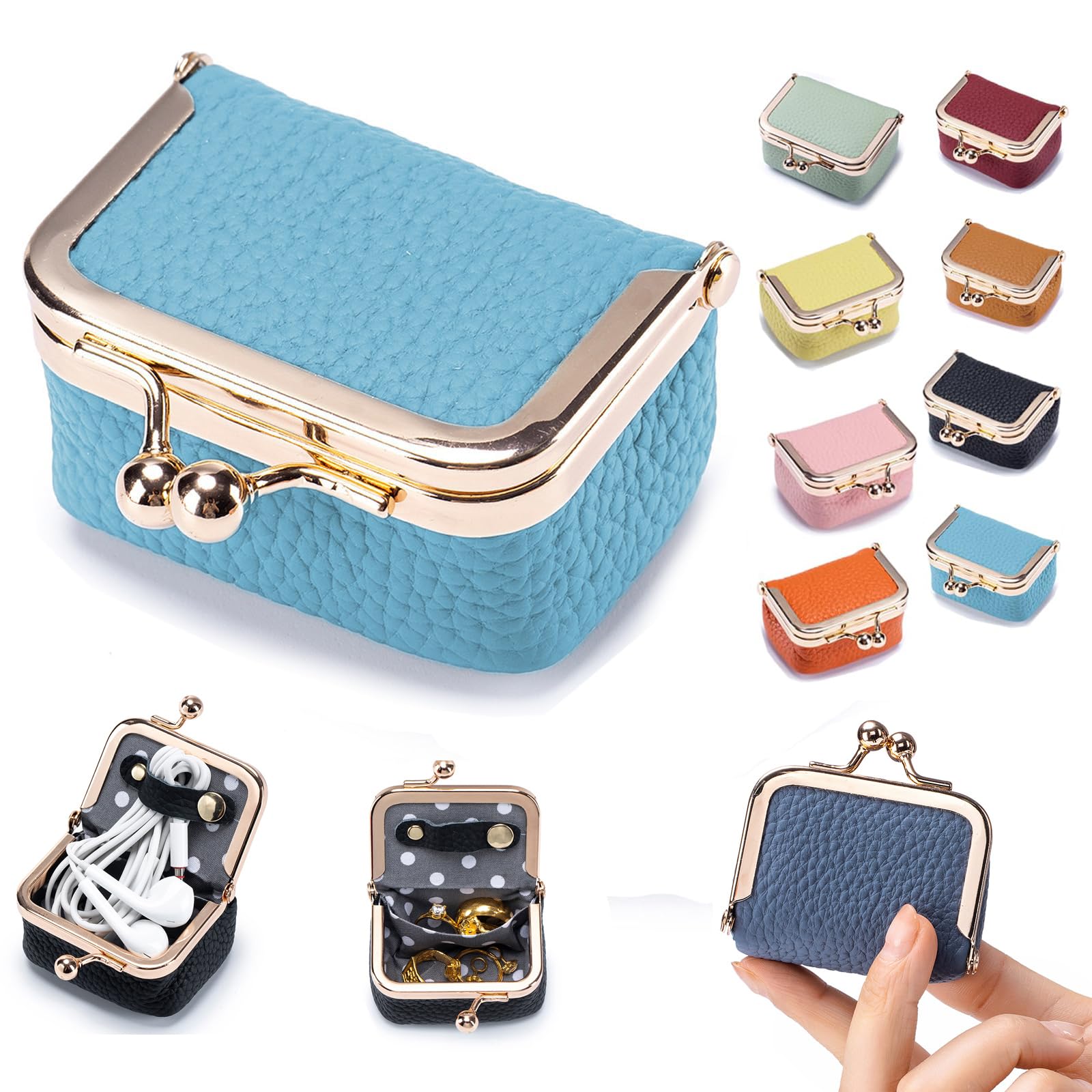 Genuine Leather Mini Jewelry Box Coin Purse for Women Travel Jewelry Case with Kiss Lock Holds Earrings Rings