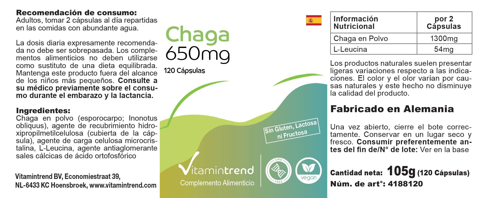 Vitamintrend Poudre de chaga 650 mg, 120 gélules, complément alimentaire végan sans stéarate de magnésium, fabriqué en Allemagne