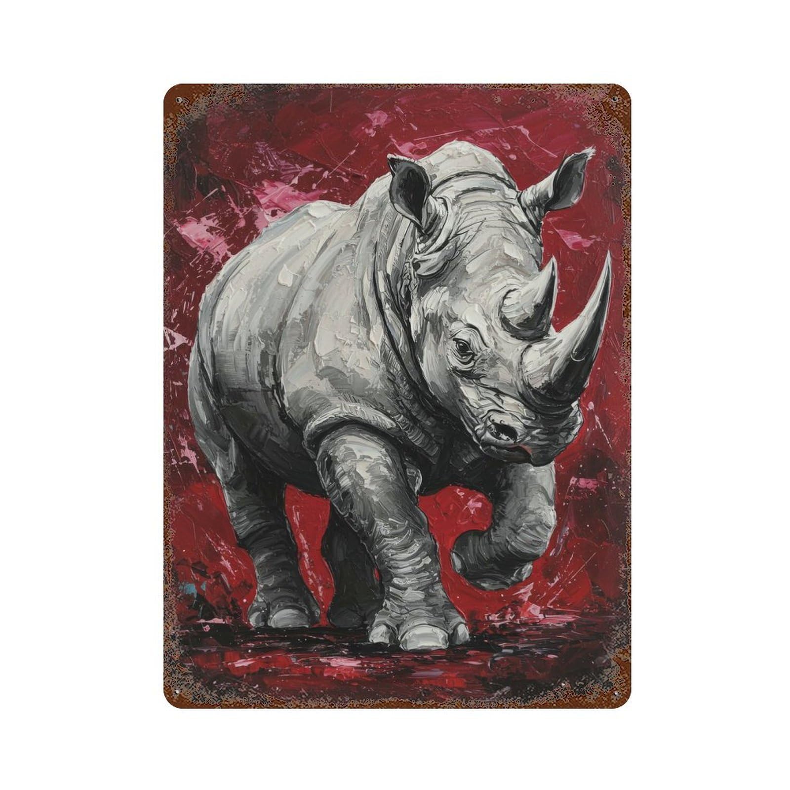 Rhino Painting on Red Background Rusty Metal Tin Sign 15.7"x11.8", Classic Wall Plaque for Pub, Kitchen And Man Cave Decor