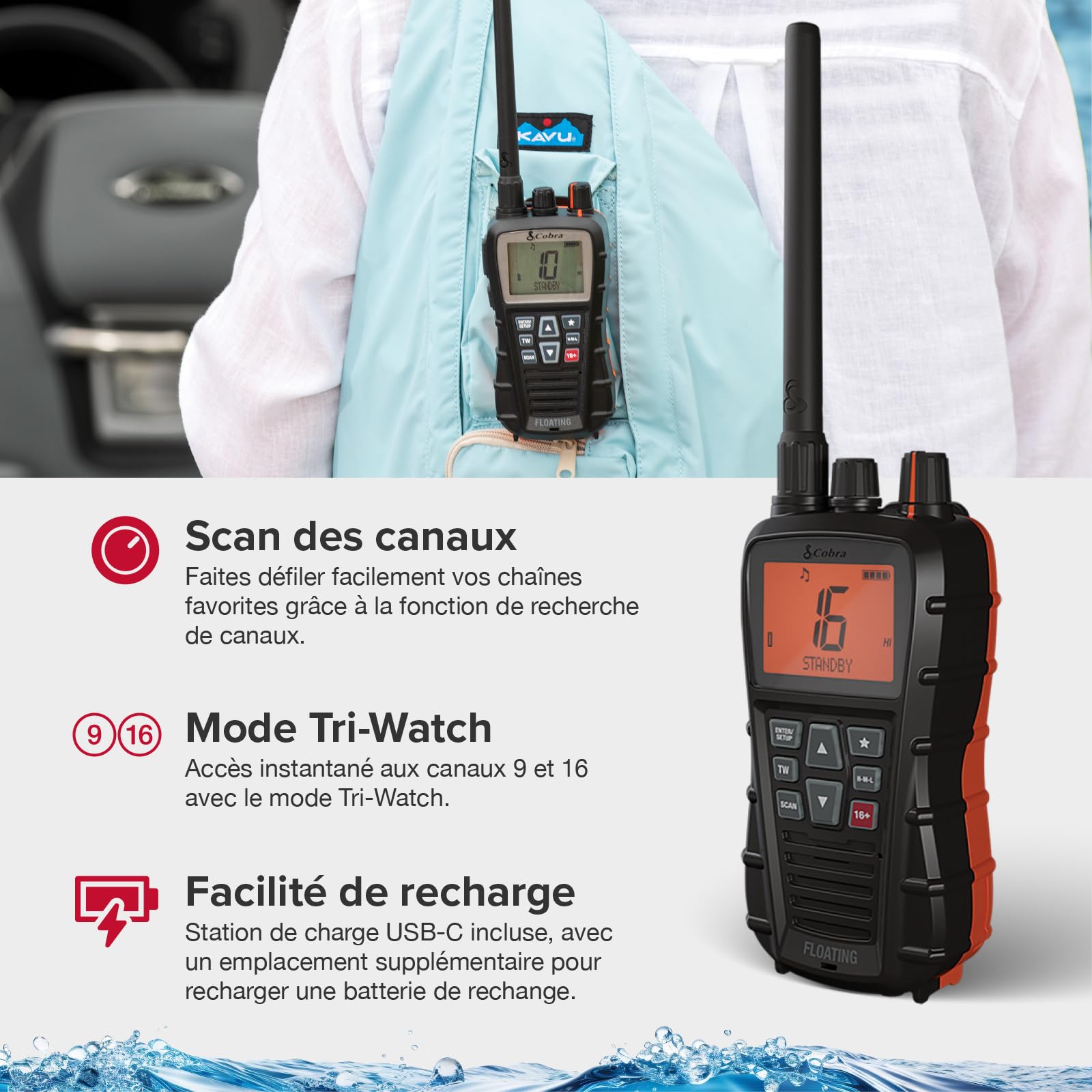 Cobra BlueBound 350 Radio VHF Marine Portable – 6 Watt, Flottant, Float n' Flash, IPX7, Submersible, Écran LCD Jour/Nuit, Tri-Watch, Noir, 1 Pièce