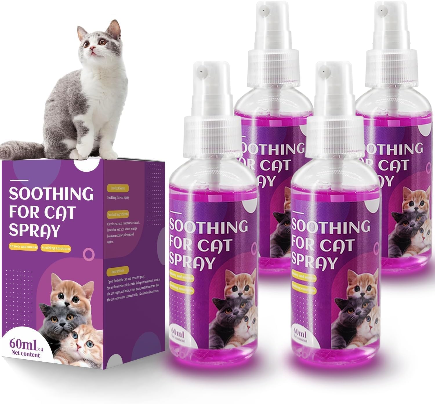 PurrBark Cats Calming Pheromone Spray & Calming Solution for Cats, Anti Anxiety Pet Products - Feline Calm Pheromones, Cats Reduces Scratching Furniture Peeing Marking Calming Cat for Travel 4 Pcs