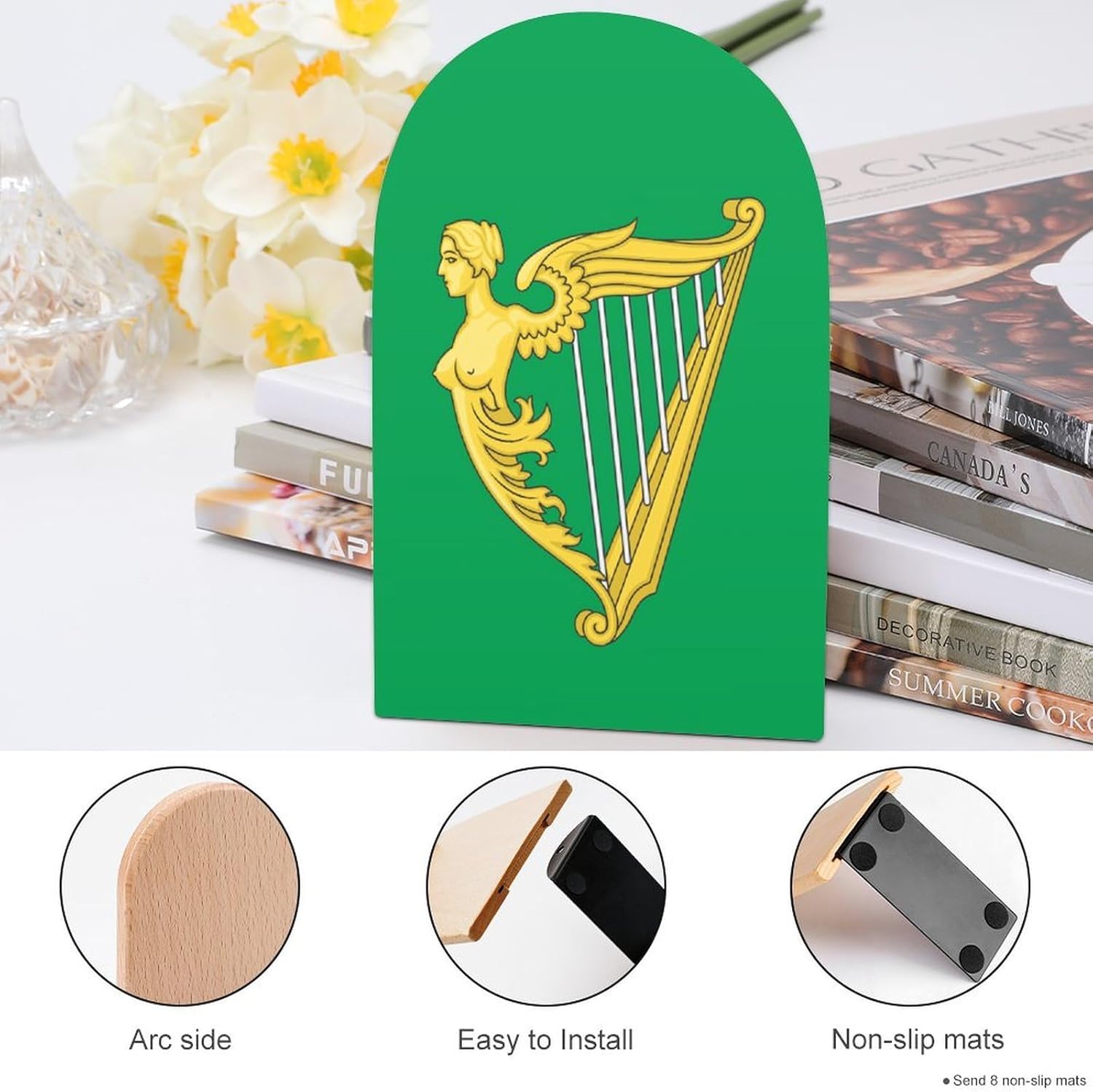 Green Harp Flag of Ireland Cute Wood Book Ends Decorative Bookends 1 Pair Non-Skid for Shelves Home Office 7 X 5 Inch
