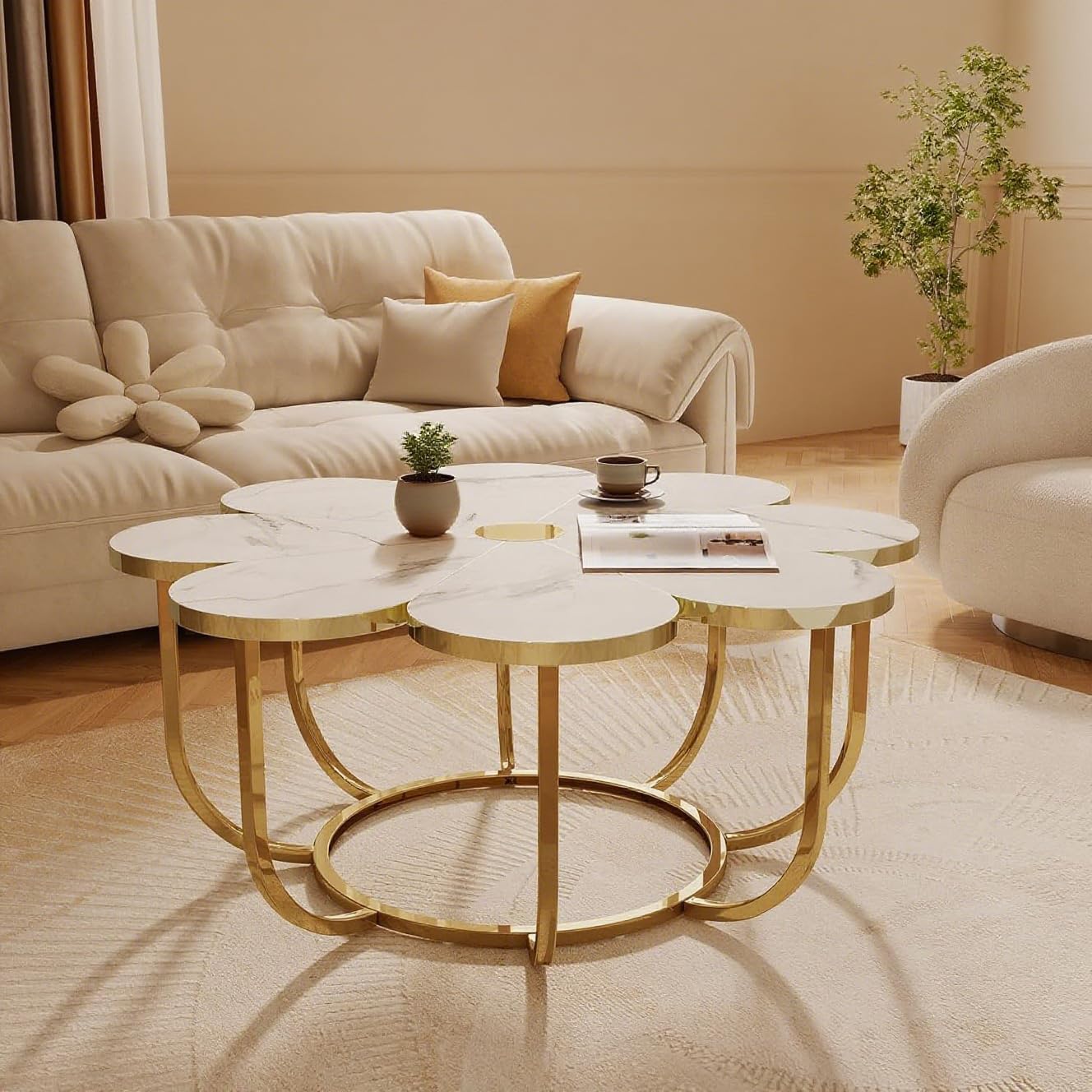 Lawrenis Design 39.4" White and Gold Floral Coffee Table, Modern Faux Marble Center Table with Multi-Top Design, Sturdy Metal Frame for Living Room,