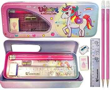 FunBlast Metal Pencil Box Case with Pencil, Eraser, Sharpener Stationery Set ? Double Layer Pencil Case Stationary Organizer for Kids ? Birthday Return Gift for Kids (Unicorn)