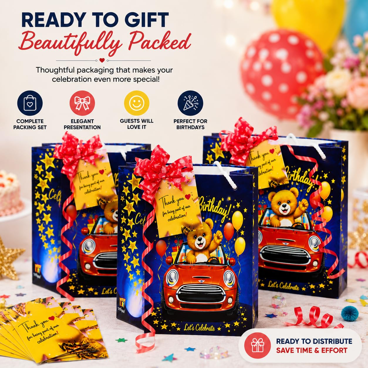 Birthday Return Gift Bags for Kids with Thank You Cards & Pull Bow Ribbon | Teddy Car Theme Party Favor Bags for Boys & Girls | Gift Packing Set for Birthday Celebration 4