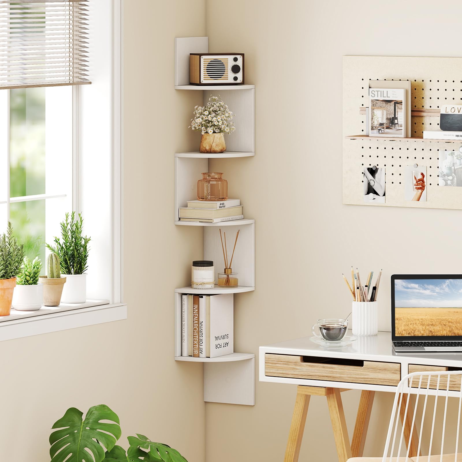 HOMASIS Libreria Angolare da Parete con 5 Ripiani, Scaffale ad Angolo in Legno, Libreria Sospesa Salvaspazio e Aperto per Decorazioni da Soggiorno, Ufficio e Bagno, 20 x 20 x 126 cm (Bianco)