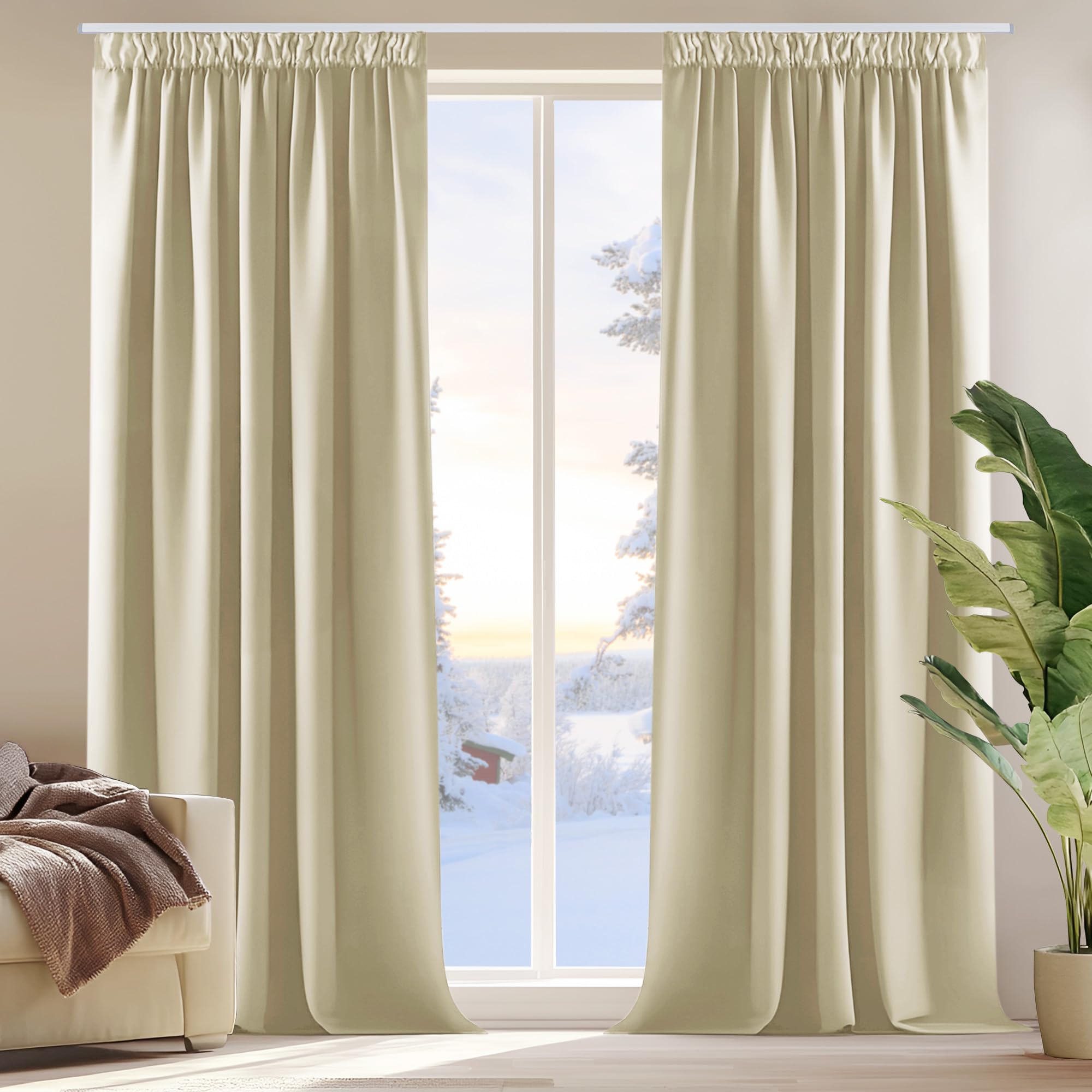 Deconovo Beige Pencil Pleat Curtains Bedroom Thermal Insulated Room Darkening Curtains For Living Room W55 X L96 Inch 2 Panels