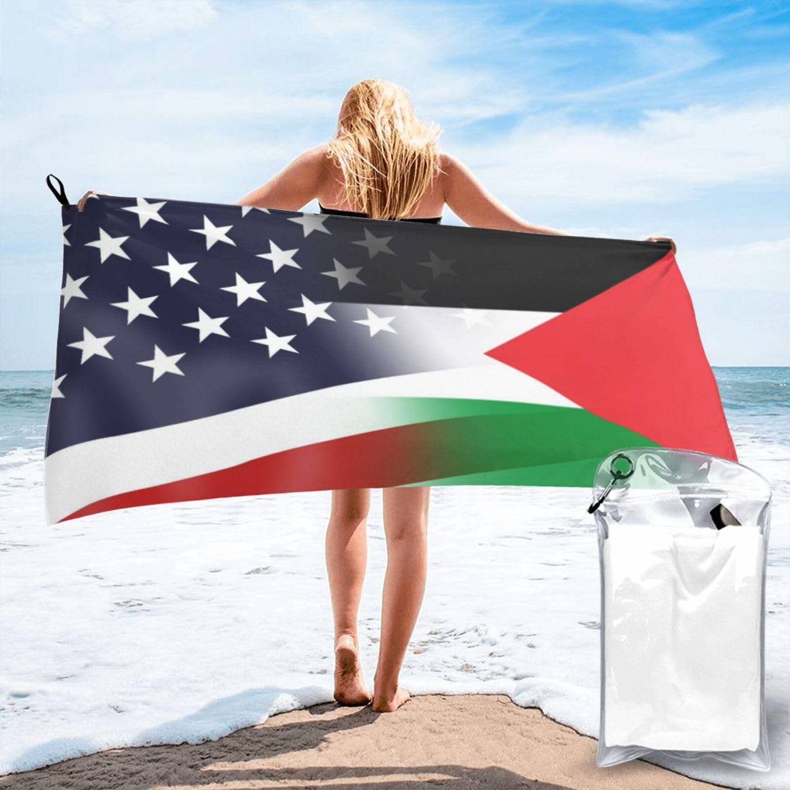 HACXZ Funny America Flag and Palestine Palestinian Flag Absorbent Beach Towel Microfiber Beach Shower Towel 31.5"X63"