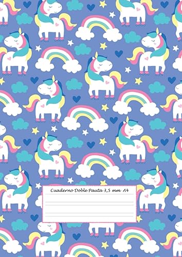 Cuaderno Doble Pauta 3,5 mm A4: Cuaderno Unicornio A4 - 100 páginas - 50 hojas - Libreta doble pauta con margen