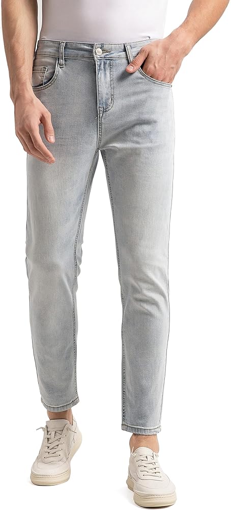 Jeans Slim Da Uomo Elasticizzati Pantaloni In Denim Lavati Pantaloni Da Ricamo Dritti Moda Abbigliamento Alla Moda, Grigio, 28 W