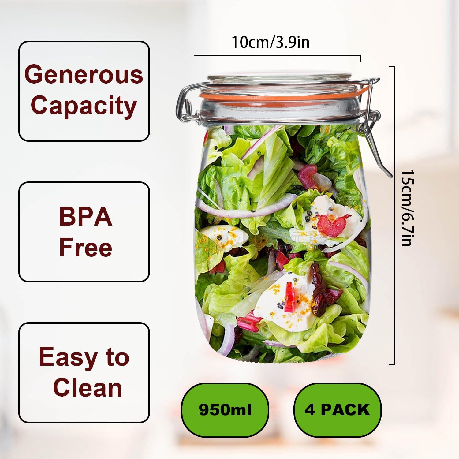 32 oz Wide Mouth Mason Jars,4 Pack Glass Pickling Jars with Airtight Lids,Air Tight Glass Storage Container for Canning,Pickling,Fermenting - Image 2