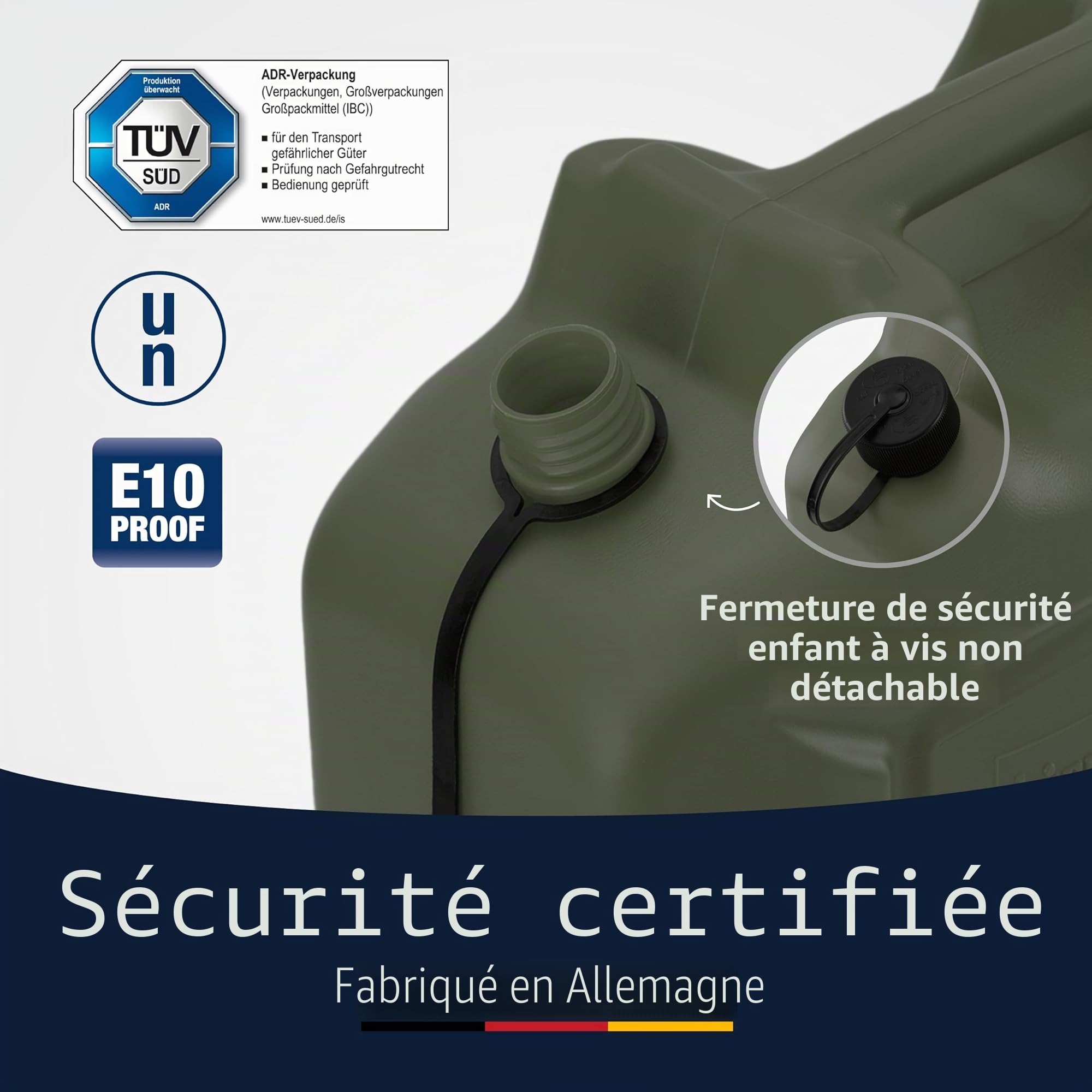 Hünersdorff Lot de 3 bidons de Carburant Professionnels de 20 l pour Essence, Diesel et Autres Produits Dangereux, fabriqué en Allemagne, Production certifiée TÜV, Olive
