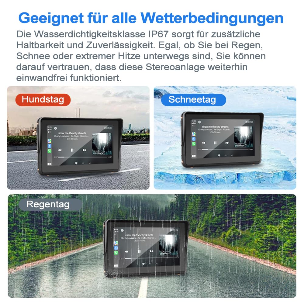 Kabelloser CarPlay für Motorrad, Tragbares Android Auto für Motorräder, 7 Zoll Motorrad GPS Navigation mit IP67 Wasserdichter, Duales Bluetooth/Sprachsteuerung/Navigation/FM/Mirror-Link