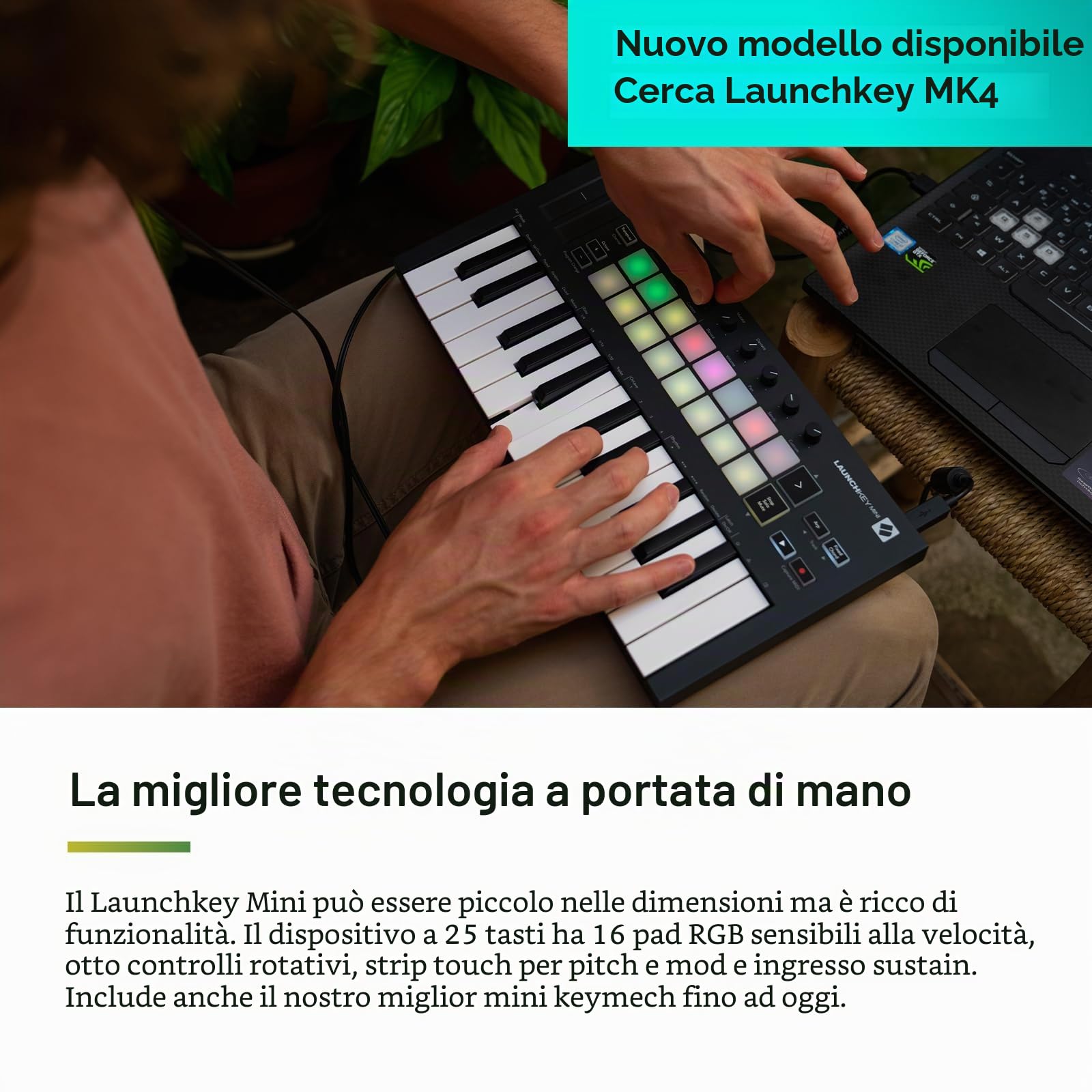 Novation Launchkey Mini (MK3), controller di tastiera MIDI portatile, USB con integrazione DAW, modalità accordi fissi e arppegiatore per la produzione musicale, Mini a 25 tasti
