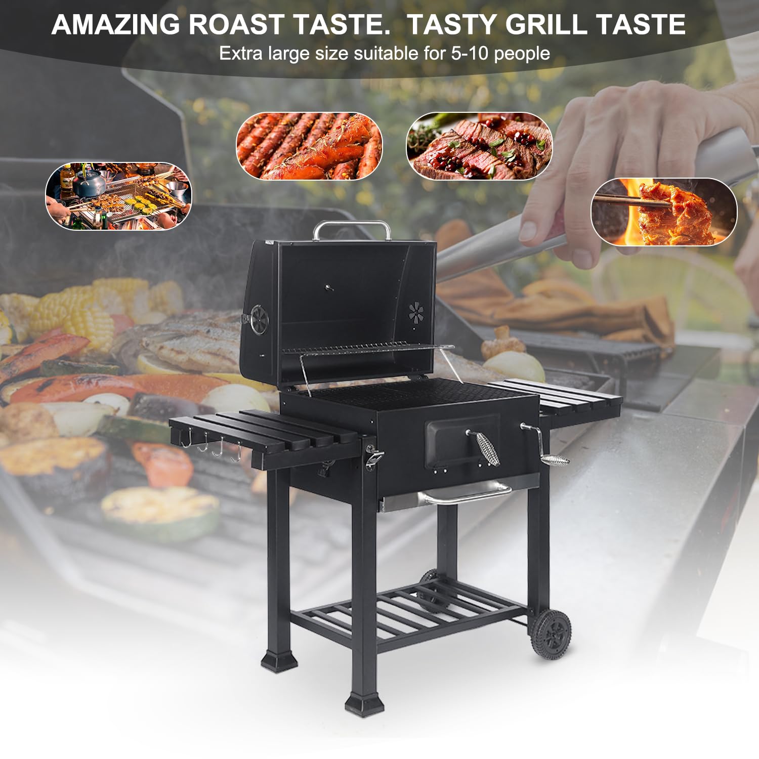 Barbecue Charbon De Bois Triclicks Avec Couvercle - Jauge Température, Tables Latérales, Roues, Idéal Jardin Et Pique-nique