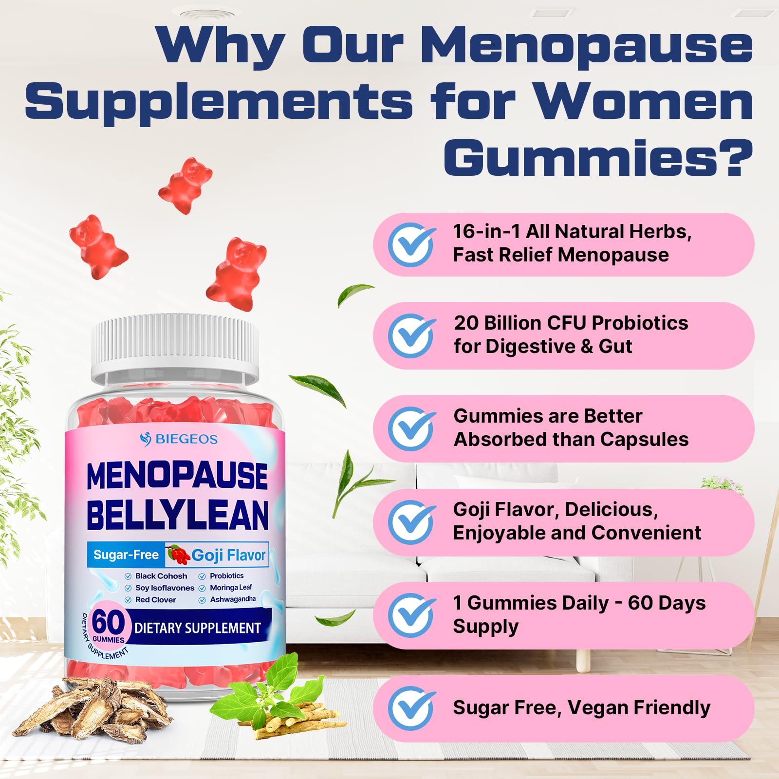 Menopause Supplements for Women Gummies, 16-in-1 Probiotic, Black Cohosh & Ashwagandha for Menopause Relief, Hot Flashes, Hormone Harmony, Mood Swings, Belly Burner* & Gut, Sugar-Free - 60 Gummies