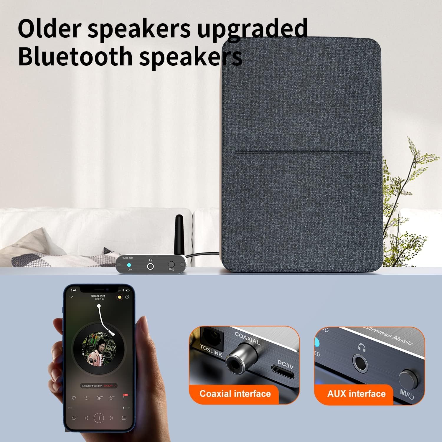 Receptor Bluetooth para estéreo doméstico, adaptador DAC Bluetooth 5.3 con salida RCA/óptica/AUX de 3.5 mm. Convierte altavoces con cable en receptor de audio inalámbrico de alta fidelidad para