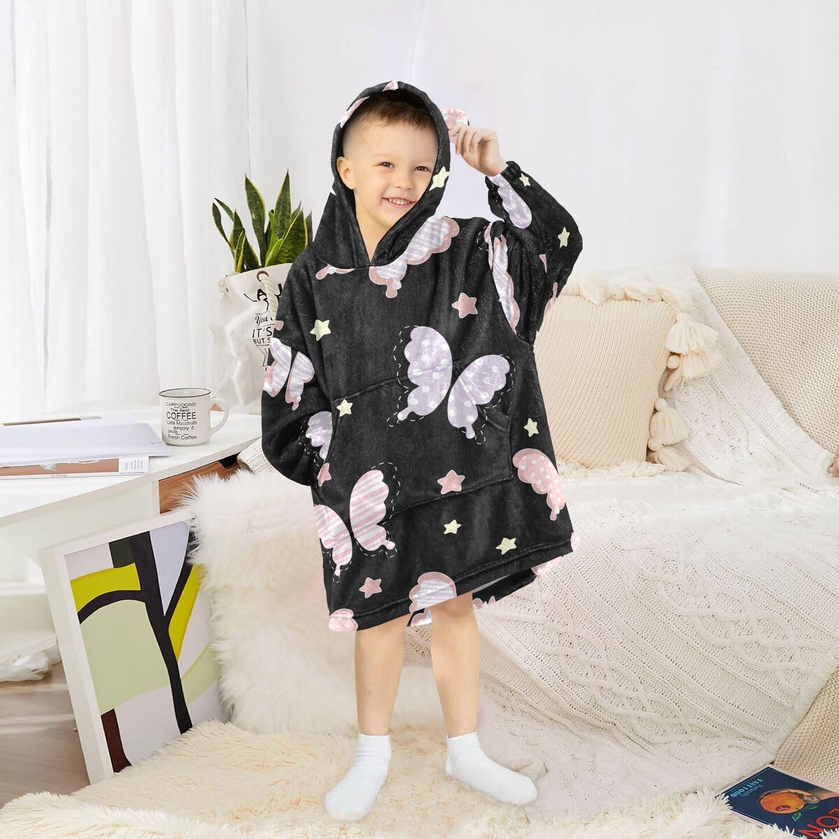 Motyl gwiazdy dziecięcy koc do noszenia bluza z kapturem oversize bluza koc sweter różowa gwiazda dla chłopców i dziewcząt w wieku 3-14 lat