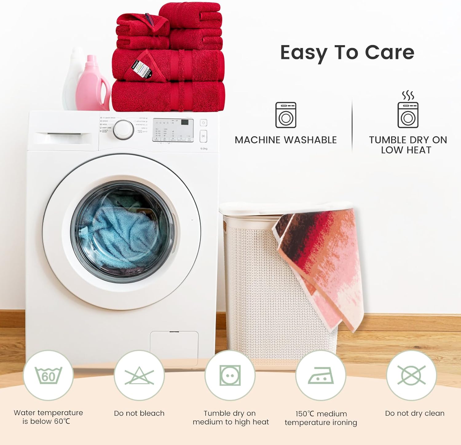 SEMAXE Solid 6-Piece Towel Set, Christmas Red, 600GSM 100% Cotton, 2 Each of Bath Towel, Hand Towel, and Washcloths, Gift Box Packaging, Hanging Loop Design