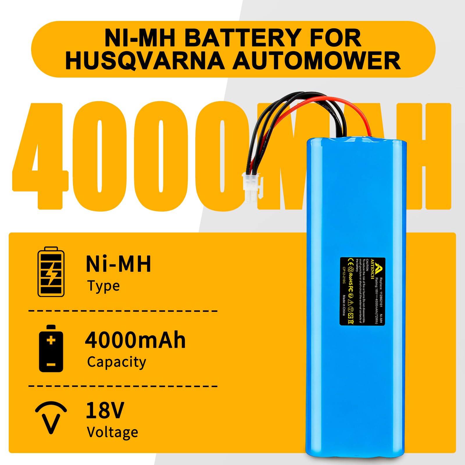 Batteria di ricambio NI-MH da 18 V, 4000 mAh, per Husqvarna Automower 210 C, 210 AC, 220 AC, 230 ACX, 260 ACX, G2 (2004 – 2006), SH Solar Hybrid tosaerba