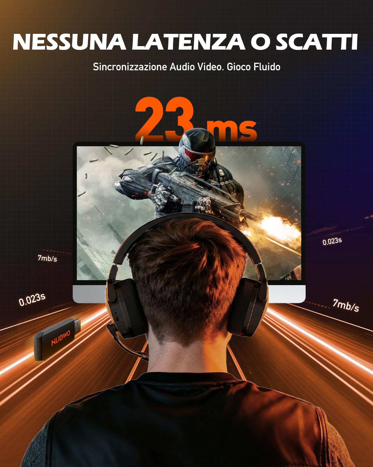 NUBWO G06 Cuffie Gaming Wireless 2.4GHz Bluetooth 5.3 Microfono 7.1 100+ Ore Arancio