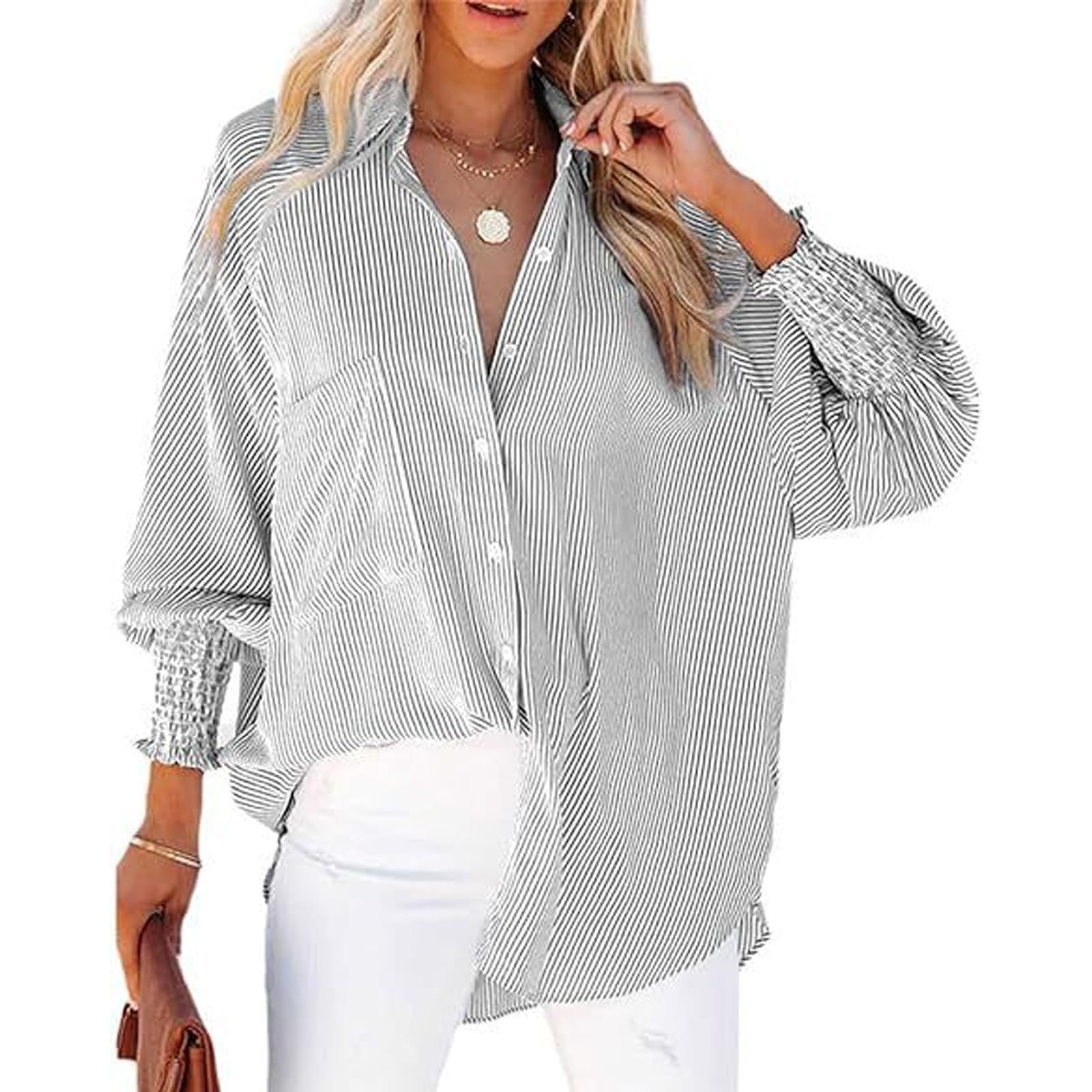 Qcvkou Commencu Shirt, Mid-Length Smocked Shirt with Striped