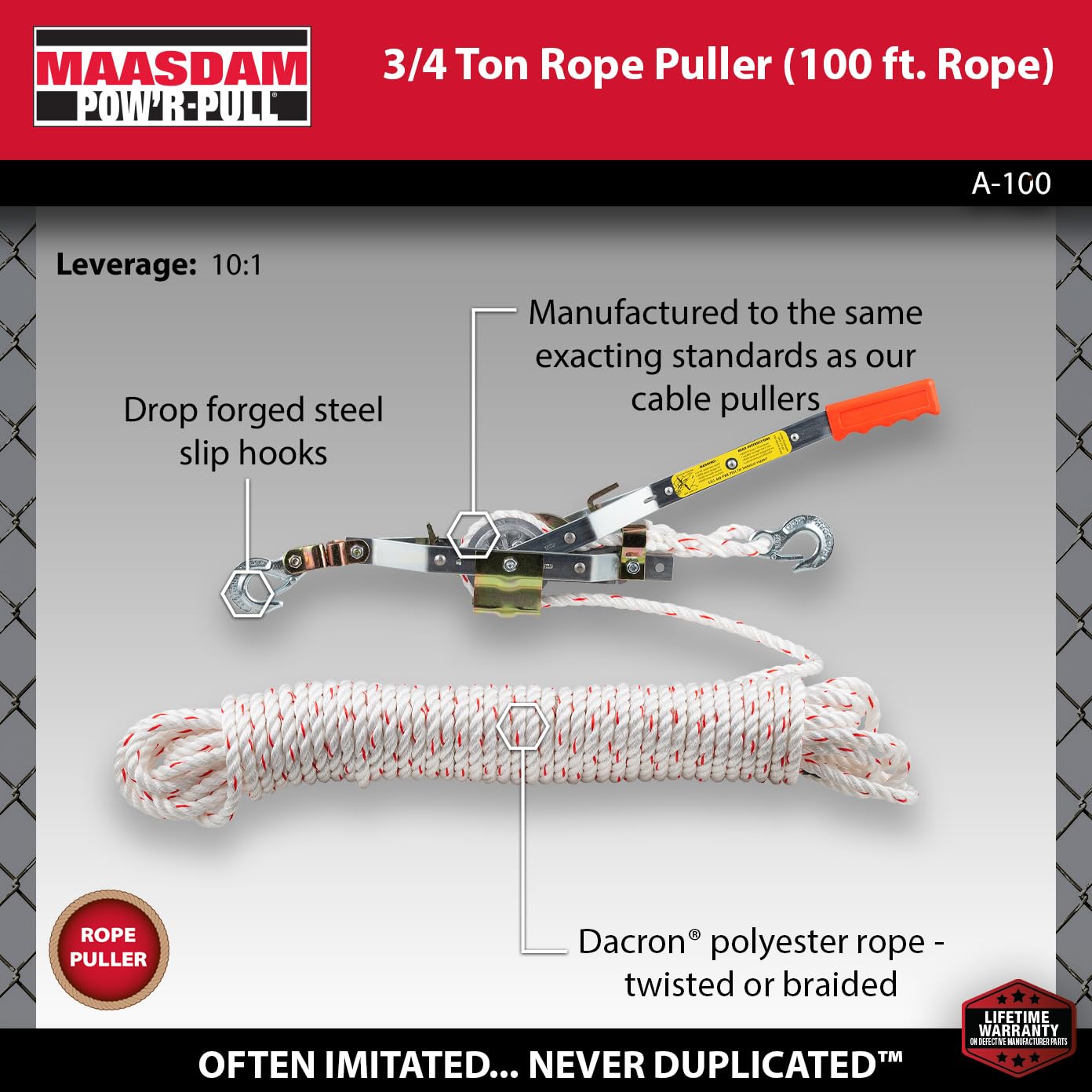 Maasdam Pow'R Pull A-100 3/4 Ton Capacitty Rope Puller with 100' of 1/2" dia. Rope