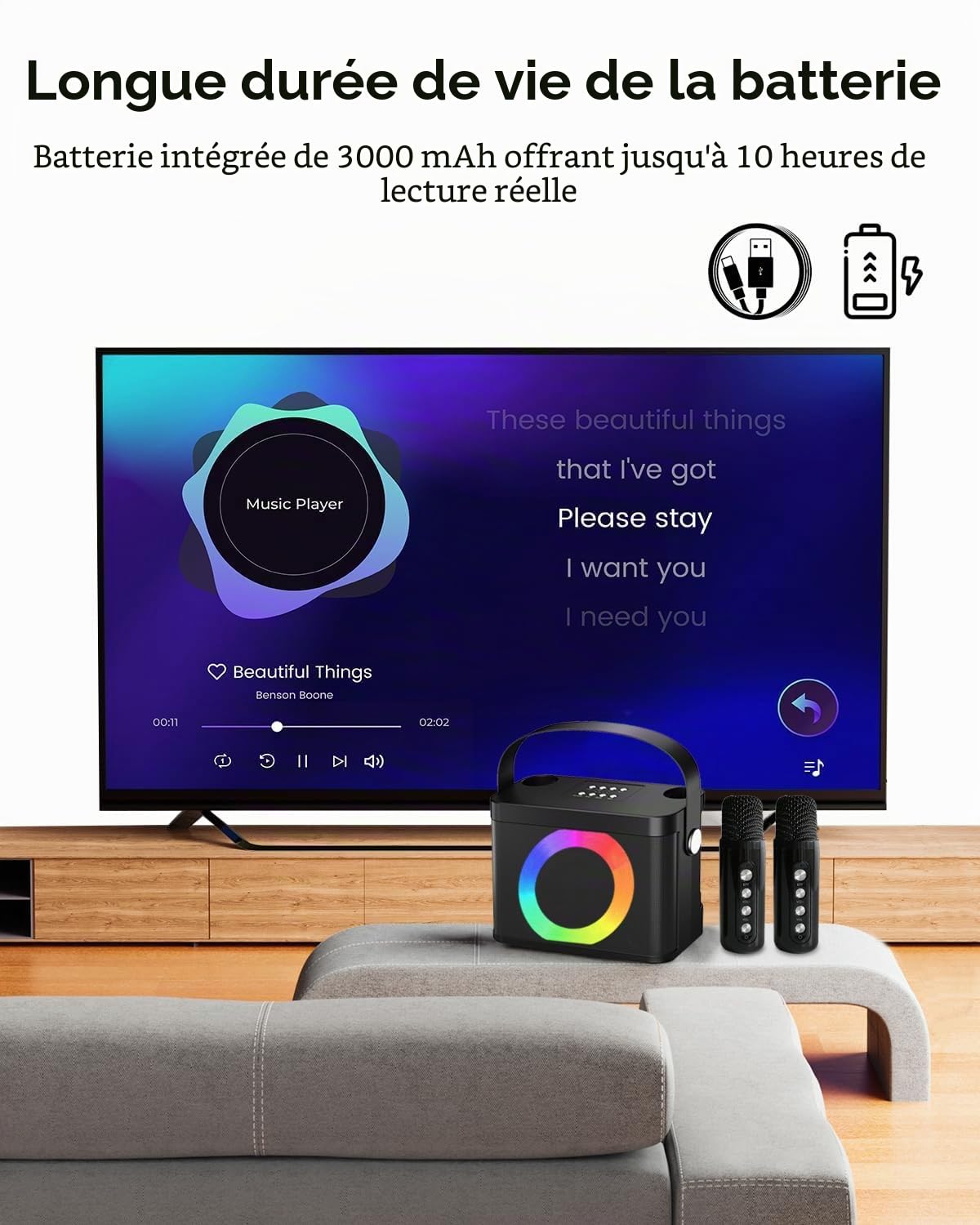 karaoké Adulte Professionnel, Enceinte Karaoke 2 Micro sans Fil, Enceinte karaoké Machine Portable avec Lumières de fête, kit Karaoke Complet Supportant BT/AUX/USB/TF