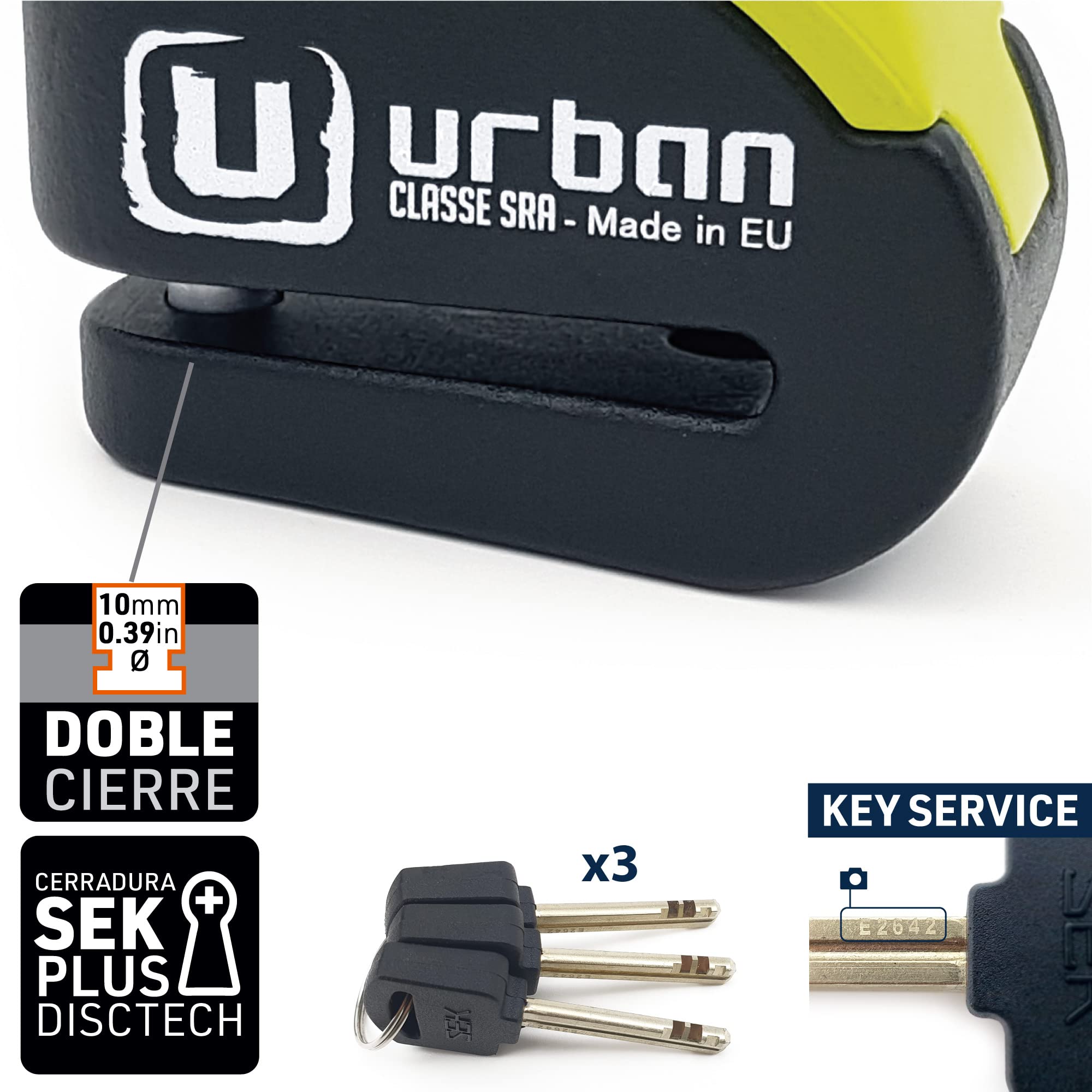 URBAN UR10 Candado Moto Homologado | Antirrobo Disco sin/con Alarma Hi-Tech Más Eficaz, 120dB, LED, Warning Inteligente, Sensibilidad A+ | Cepo Moto Pinza Freno, Doble Cierre 10mm, Acero Endurecido