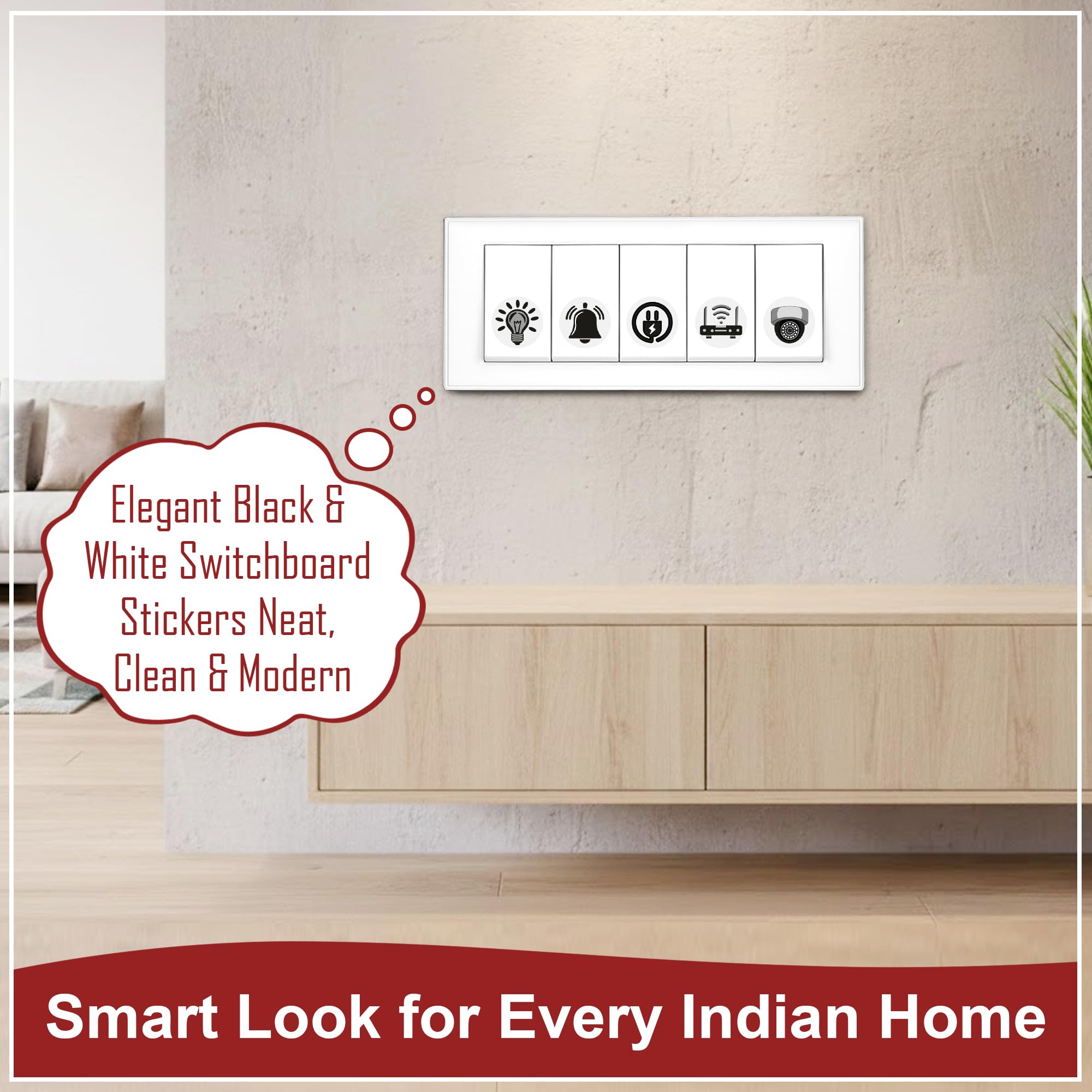 GLUN® 600 Switch Board Stickers 60+ Icons (Monochrome Black) | Luxury Vinyl Decorative Switch Stickers for Home, Hotel, Office & School | Self Adhesive, Waterproof & Removable 1